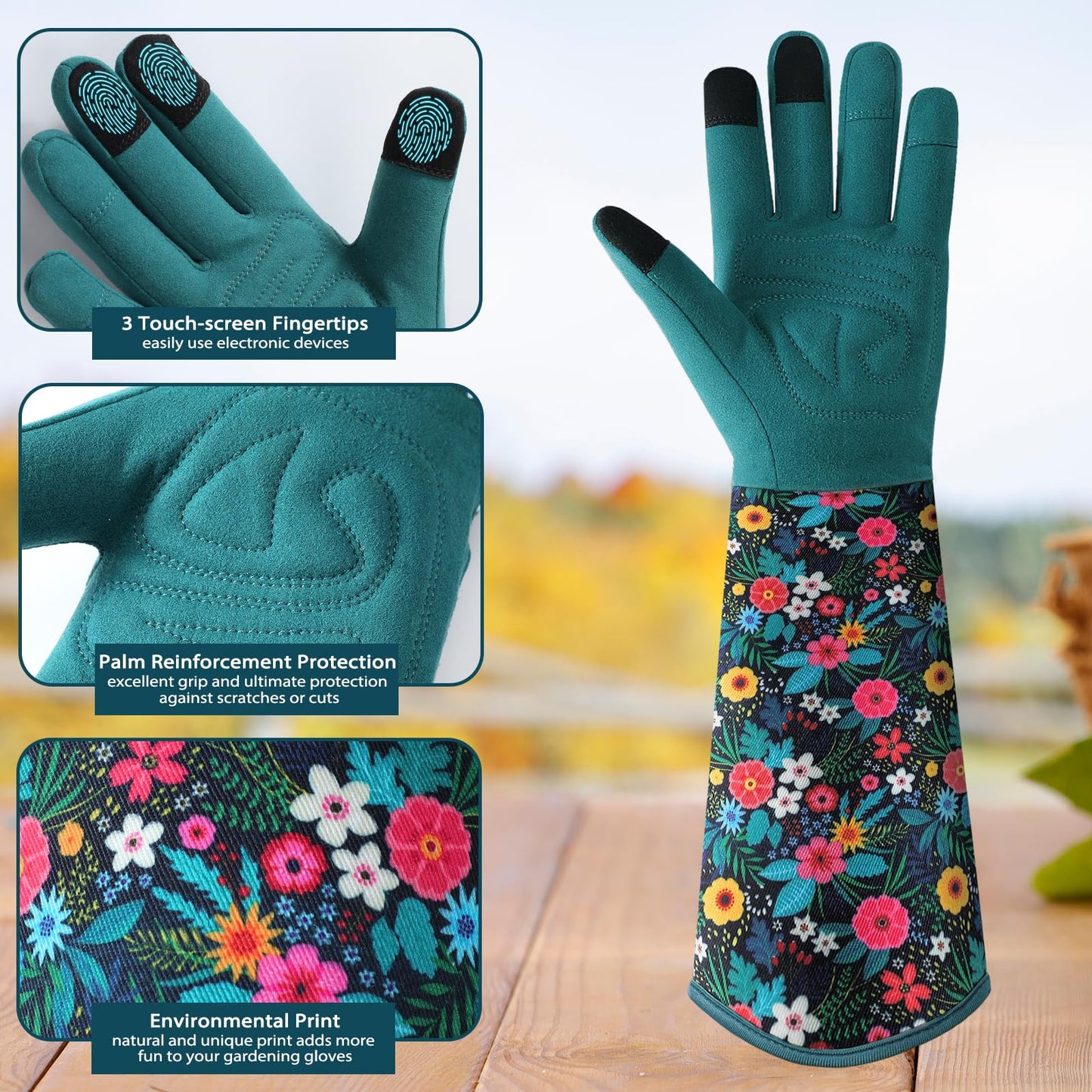 Gardening Gloves for Women - Breathable Long Garden Gloves with Grip, Thorn-Proof Puncture-Resistant Leather Work Gloves for Yard and Outdoor Work, Protective Garden Gloves for Women, Green Flower