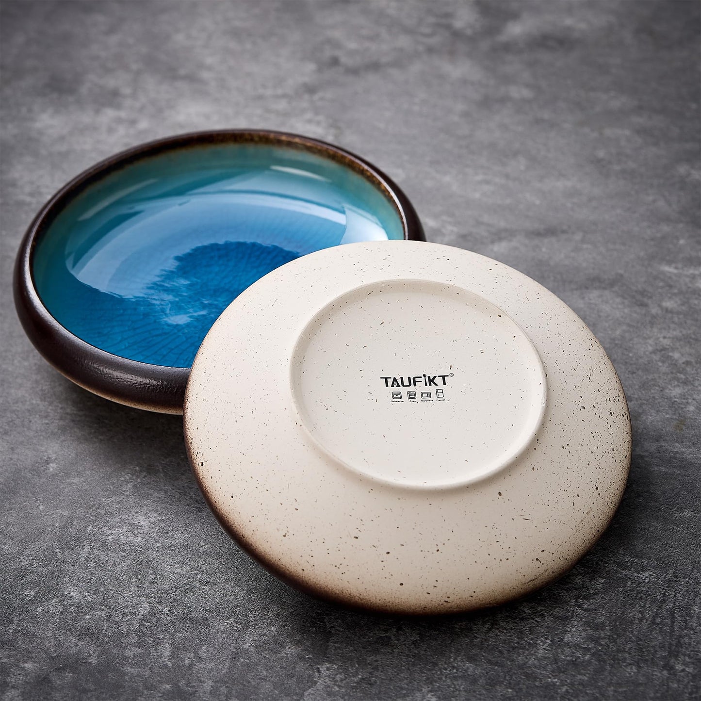 TAUFIKT Ceramic Pasta Bowls Set of 4, 8 Inch Large Porcelain Pasta and Salad Bowls, Stoneware Dinner Plate Set for 4, Handmade Round Dishes for Home Decor, Microwave,Oven,and Dishwasher Safe, Blue