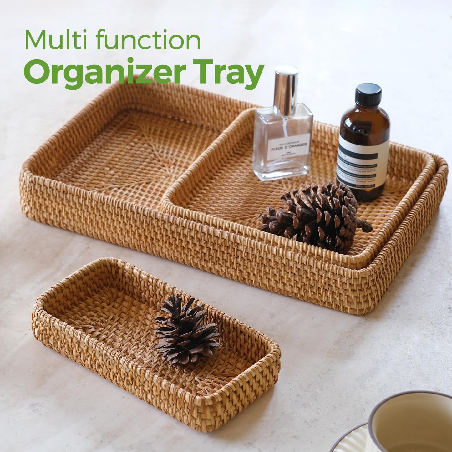 Rattan Serving Tray, Rectangle Basket Set of 3, Wicker Storage and Organizing Baskets, Natural Decorative Woven Tray for Home Decor, Bathroom, Kitchen Counter