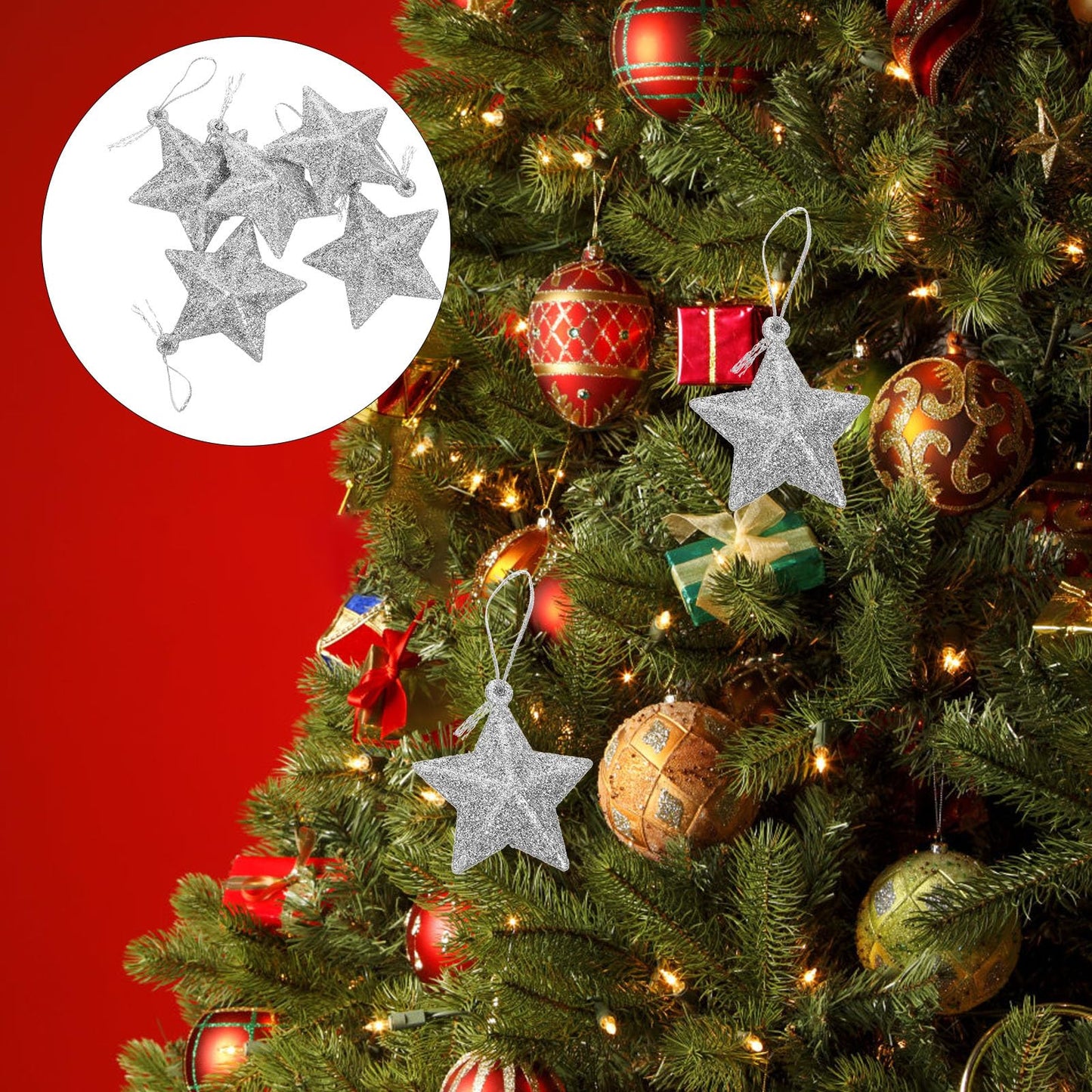 24Pcs Silver Glitter Star Ornaments Christmas Tree Mini Star Hanging Decoration Plastic Glitter Bulk Xmas Tree Pendant Embellishments for Holiday Parties Weddings Home Decoration