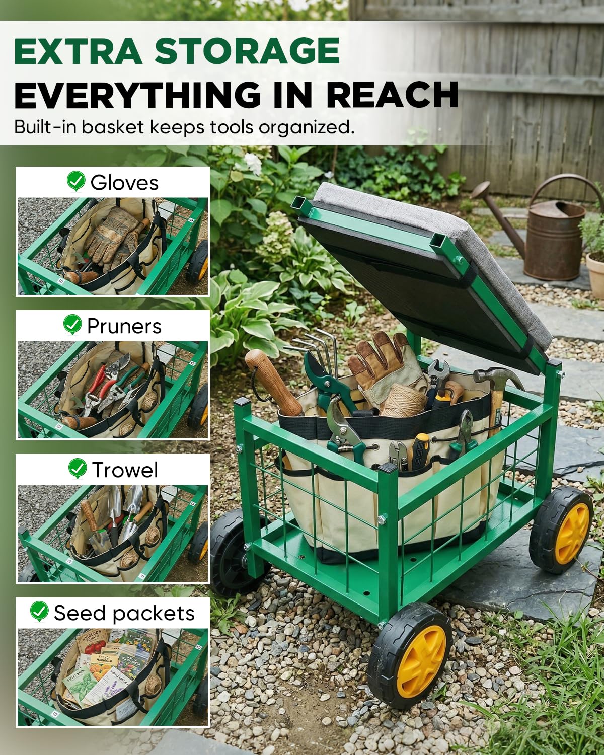 Saker Rolling Garden Cart with Seat & Wheels - 15.7'' EVA Padded Rolling Stool, 500 lb Steel Frame, Large Storage Basket - Garden Wagon Workseat for Patio Lawn Yard (Luxury Version)