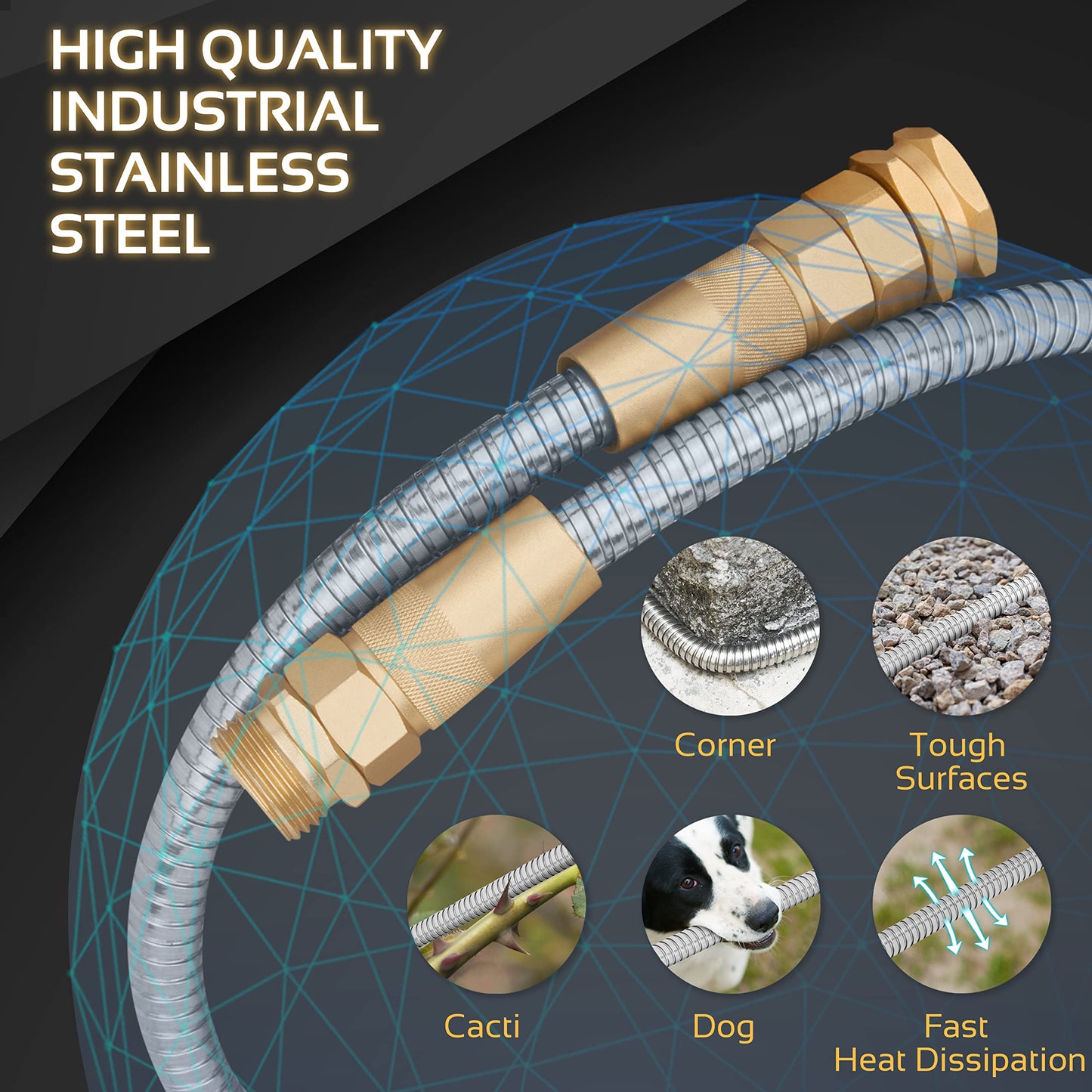 360 GADGET Garden Hose Metal - 100ft Heavy Duty Stainless Steel Water Hose with 8 Function Sprayer & Metal Fittings, Flexible, Lightweight, No Kink, Puncture Proof Hose for Yard, Outdoors, Rv