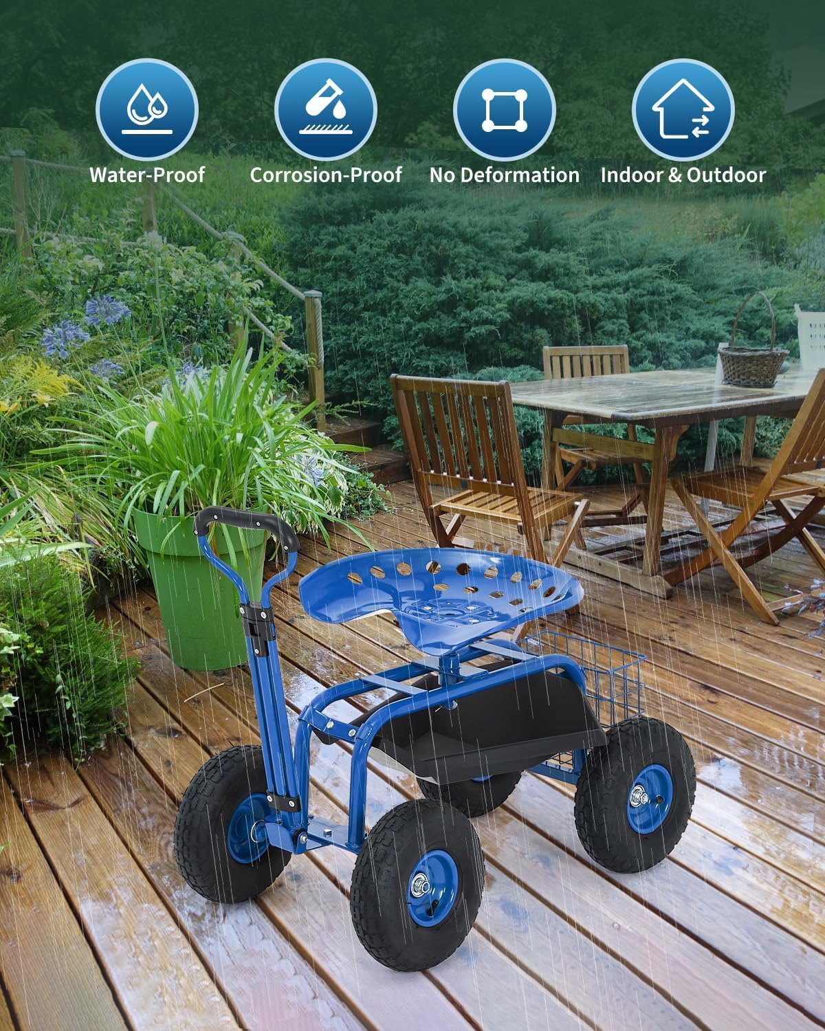 Heavy Duty Garden Cart, Garden Scooter Rolling Work Seat, 360° Swivel with 10-Inch All-Terrain Inflatable Tires, Extendable Steering Handle & Metal Tool Tray for Planting, Weeding, Yard Work