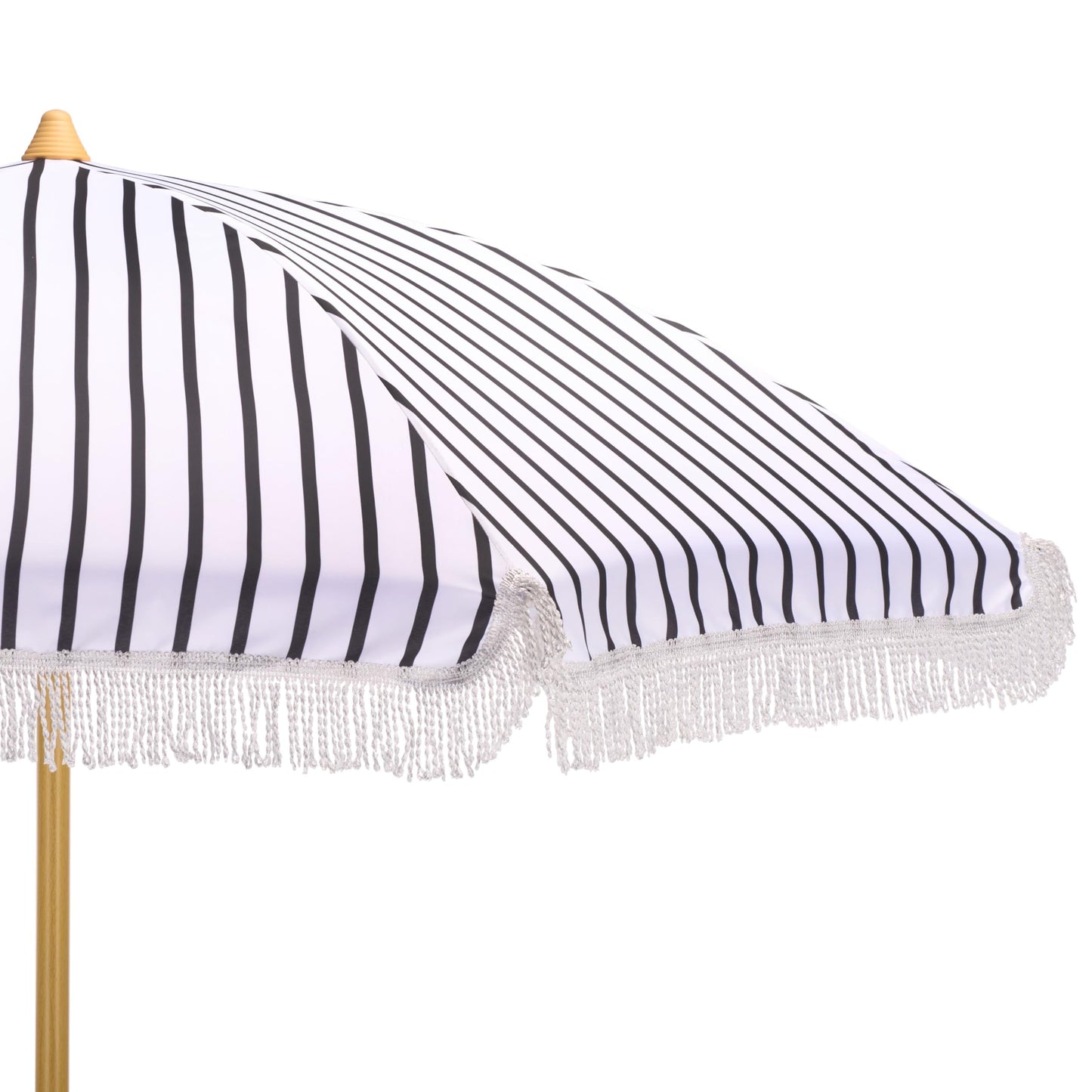 SAFAVIEH Outdoor - Bella 6.5 FT Beach Umbrella - Black Striped Canopy with White Fringe Trim, Tilt Function, Aluminum Pole with Wood Grain Finish, Weather Resistant for Beach, Patio, Garden (PAT8504A)
