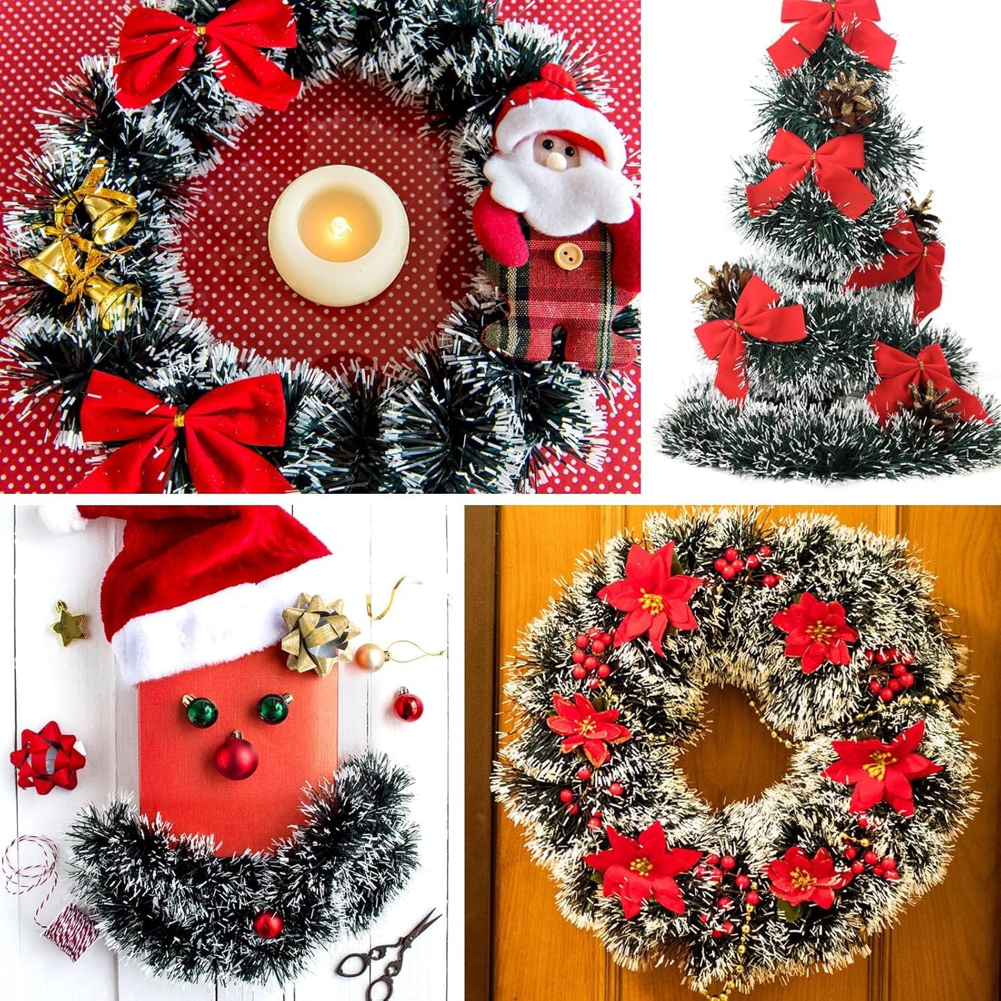 32.8 Ft Christmas Tinsel Garland, Dark Green Garland-Thick White Snow Metallic Garland for Christmas Tree, Wedding Birthday Xmas Disco Holiday Party