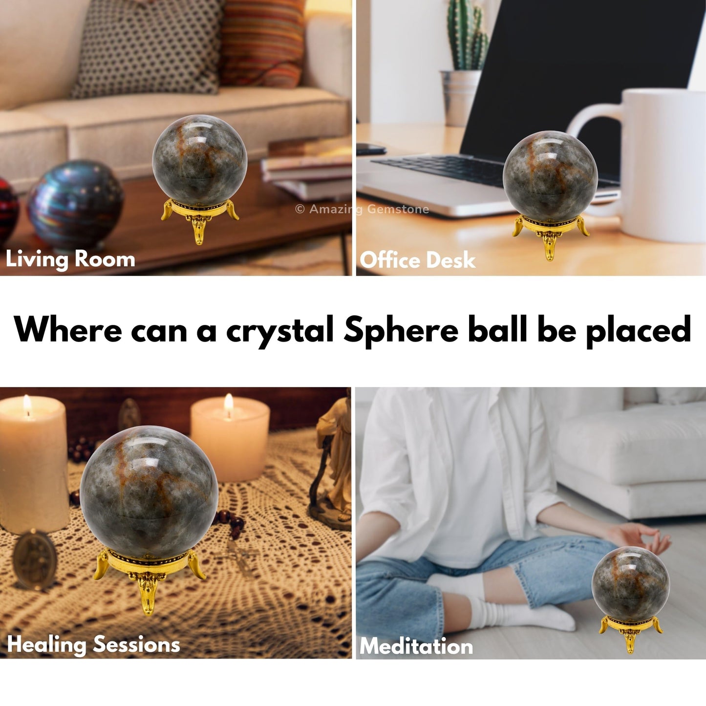 Amazing Gemstone Chrysoberyl Cats Eye Crystal Ball with Stand - 2" Inches Crystal Sphere Meditation Balls for Witchcraft and Decorative Balls
