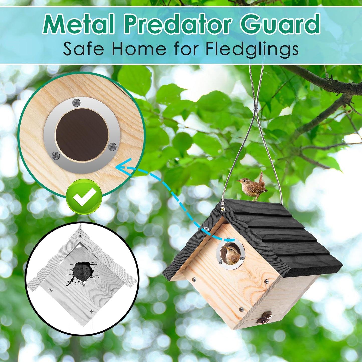 Dreyoo 4 Pack Wren House, 1-1/8'' Entrance Hole Hanging Wooden Wren Bird Houses for Outside with Metal Guard, Air Vents, Pine Wood for Chickadees(Black)