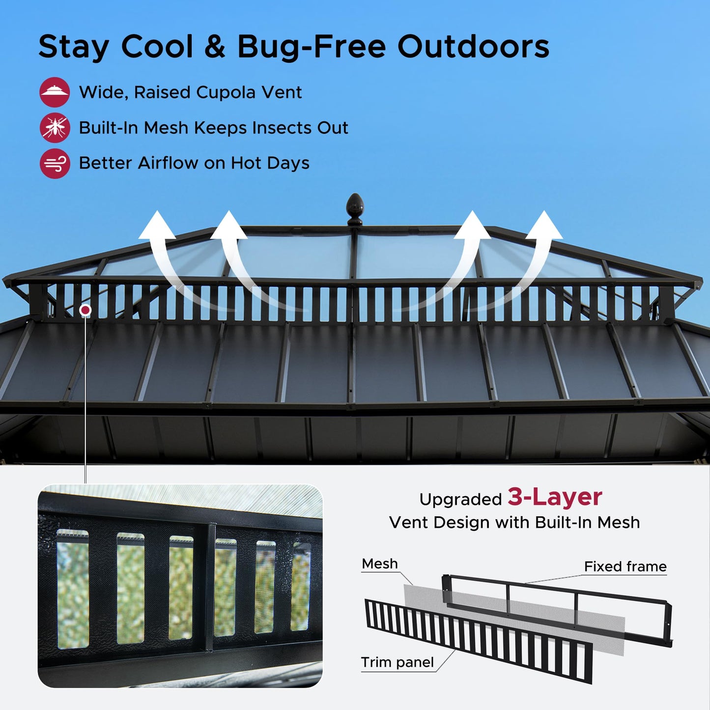 SUNJOY Kingston 16' x 12' Hardtop Wood Gazebo with Galvanized Steel/Polycarbonate Double Roof, Curtain and Netting, Cedar Posts Permanent Pavilion Gazebo for Garden, Patio, Deck, Lawn