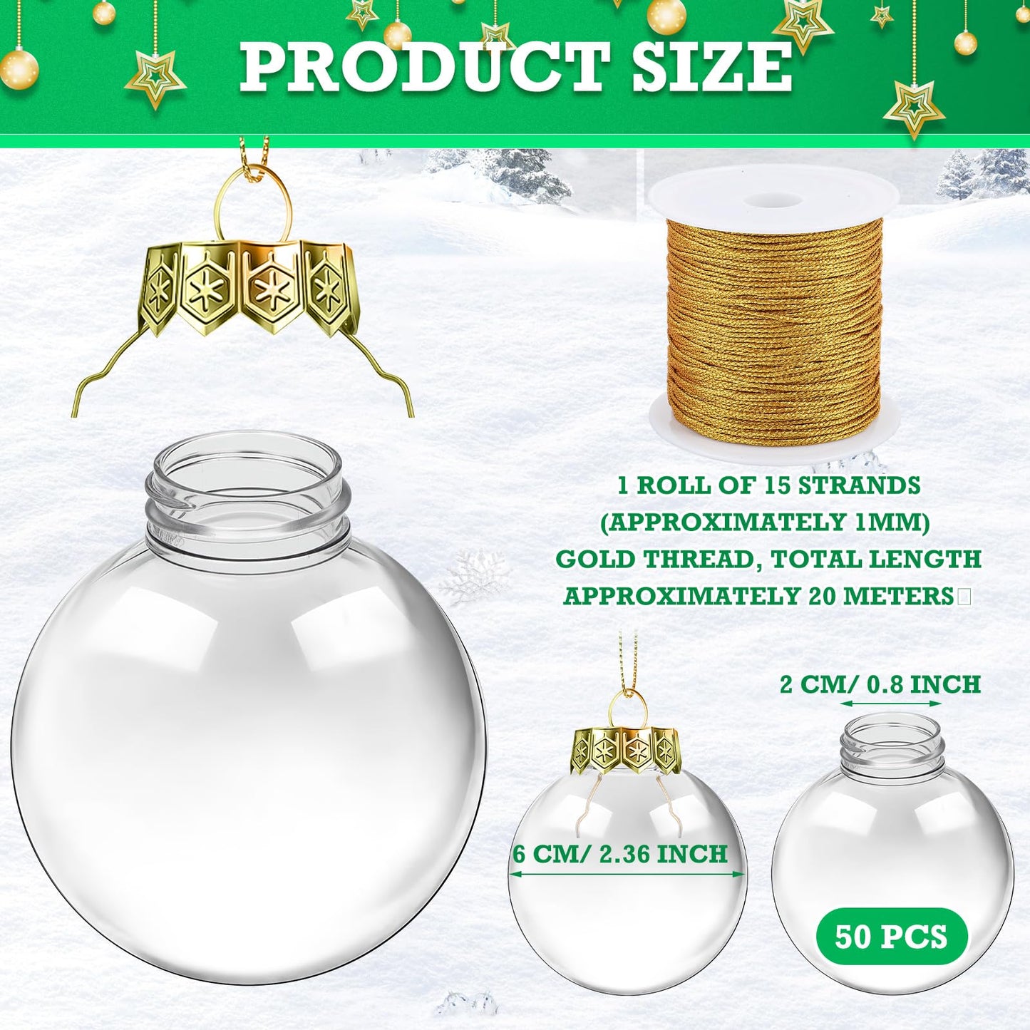Wettarn 50 Pcs 2.36 Inch Christmas Plastic Fillable Ornaments, Transparent DIY Craft Rainbow Ball with Lid and Rope, Xmas Hanging Ornament for Party Wedding Home Decor (Clear)