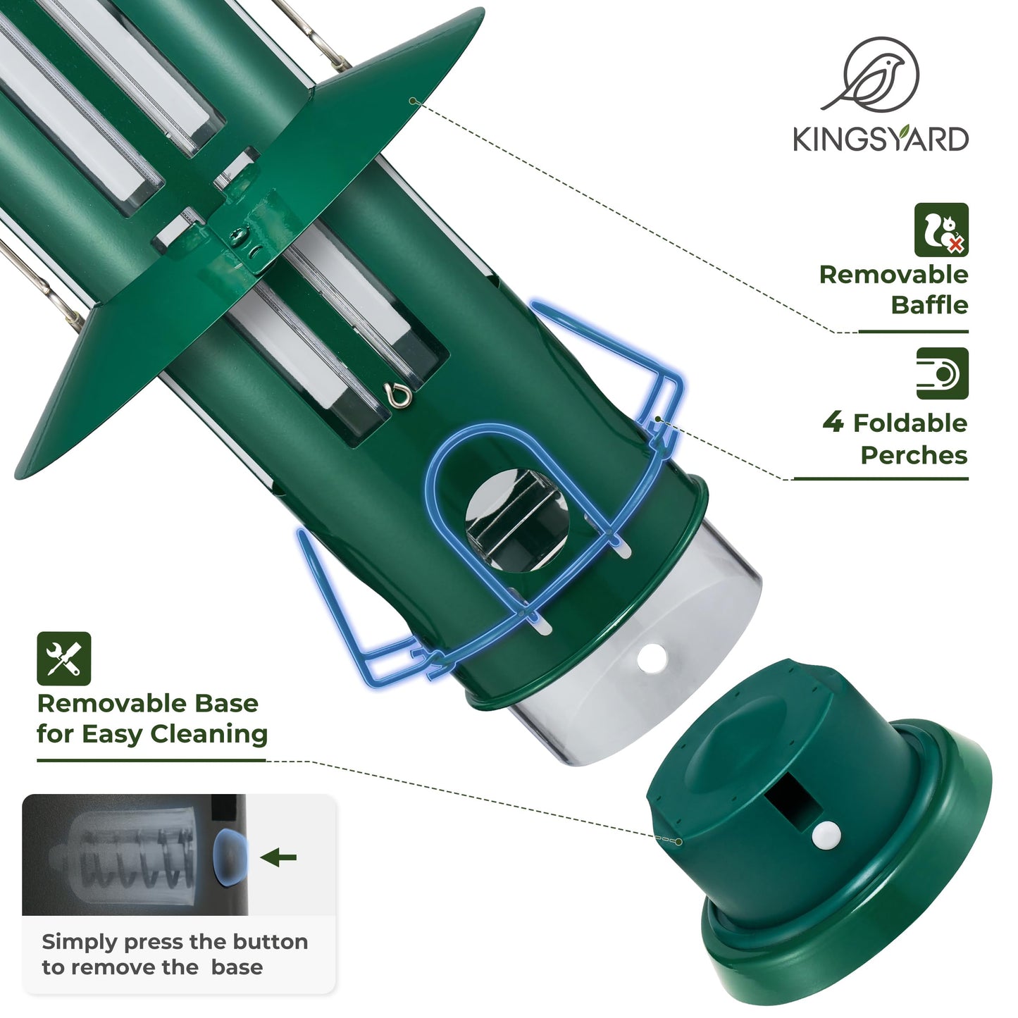 Kingsyard Squirrel Proof Bird Feeders with Weight-Activated Perches, Metal Wild Bird Feeder for Outdoors Hanging, 3 lb Large Seed Capacity, Green