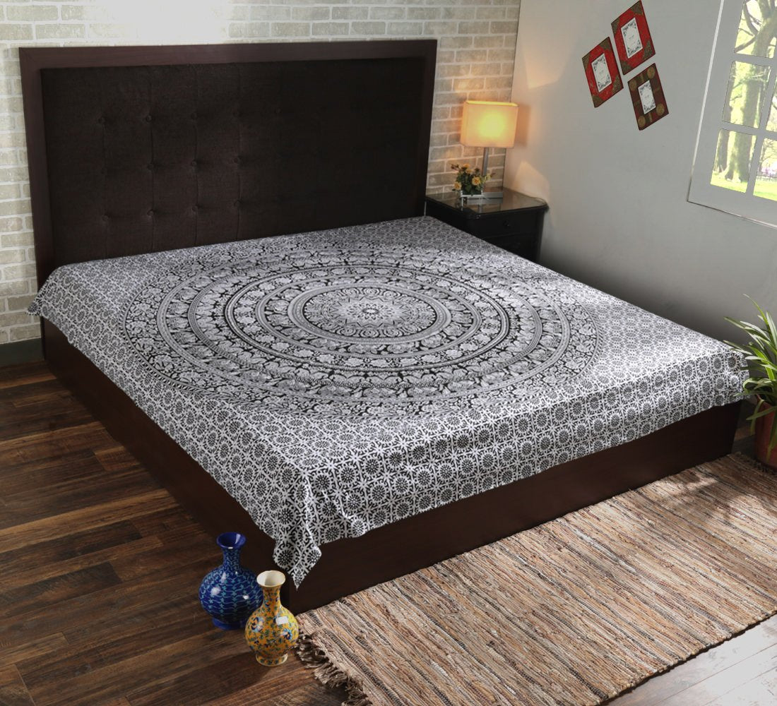 RAJRANG Indian Mandala Large Tapestry Wall Hanging Black And White Elephant Cotton Aesthetic Tapestries For Bedroom Hippie Beach Bohemian Boho Decor Table Cloth Queen 90x84 Inches