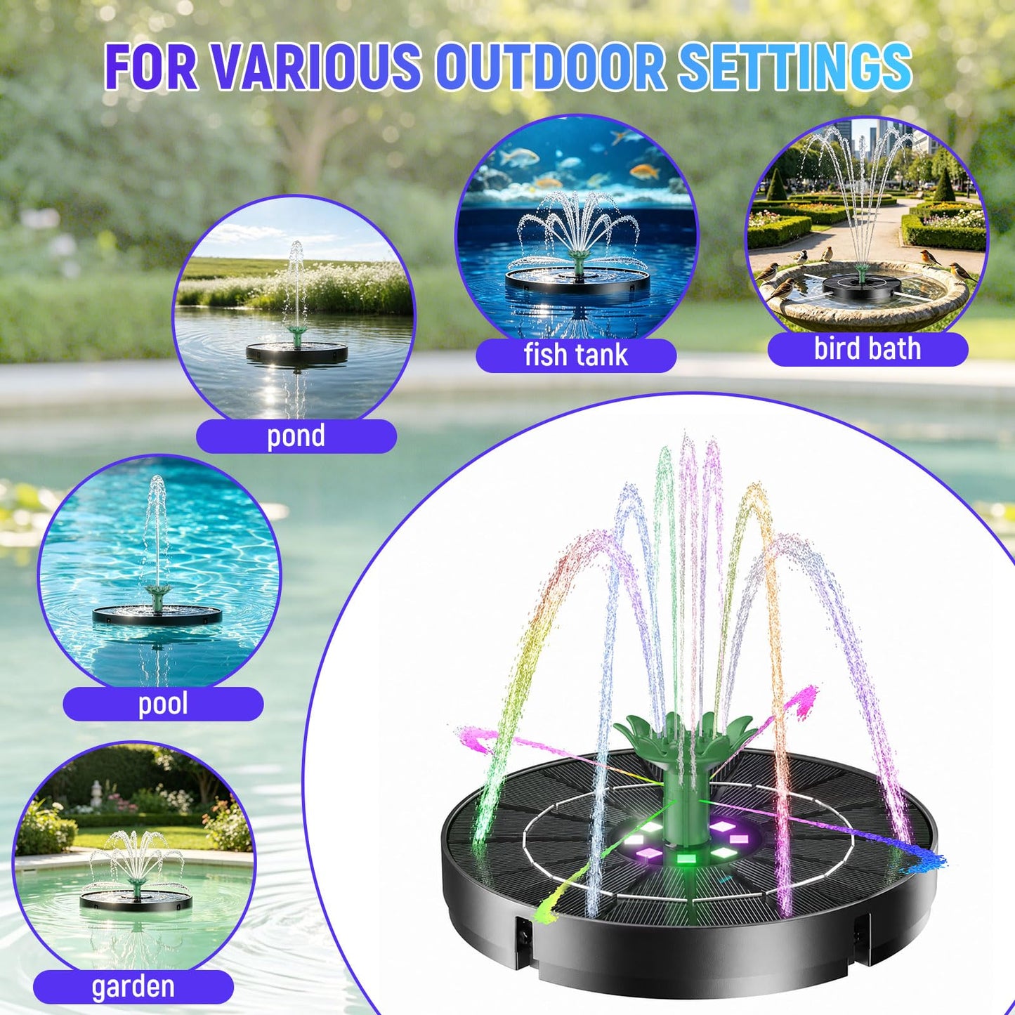 Marchul 3.5W Solar Fountain for Bird Bath Colorful Light with 2200mah Battery, 2026 Upgrade 4-in-1 Nozzles Solar Water Fountain Powered with 4X Fixer Floating Solar Pump for Garden, Pond, Pool