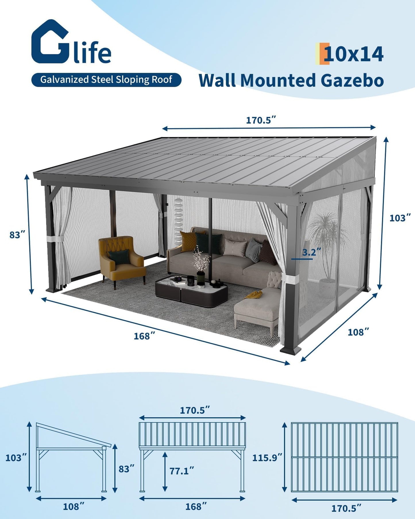10X14 ft Wall Mounted Lean to Gazebo with Gutters System & Sliding Netting, Aluminum Frame, Connectable Wall Mounted Gazebo Pergola with Sloping Galvanized Steel Roof for Patio, Garden, Grey