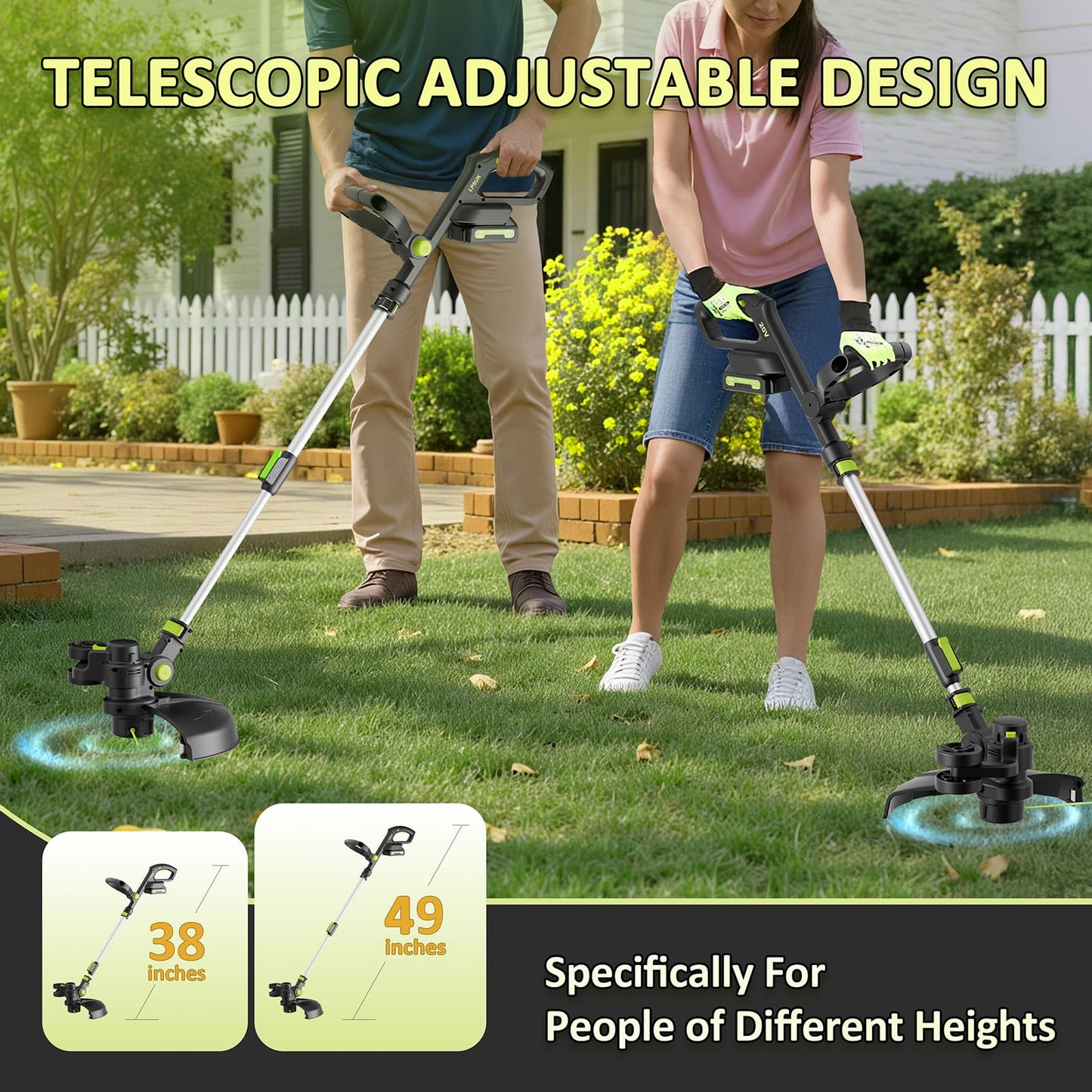 20V Cordless String Trimmer, Two 2.0Ah Battery Powered with Fast Charger, 12'' Grass Cutter with Auto Line Feed, 3-in-1 Electric Lawn Mower Grass Trimmer&Edger Lawn Tool with 8 Lines for Yard, Garden
