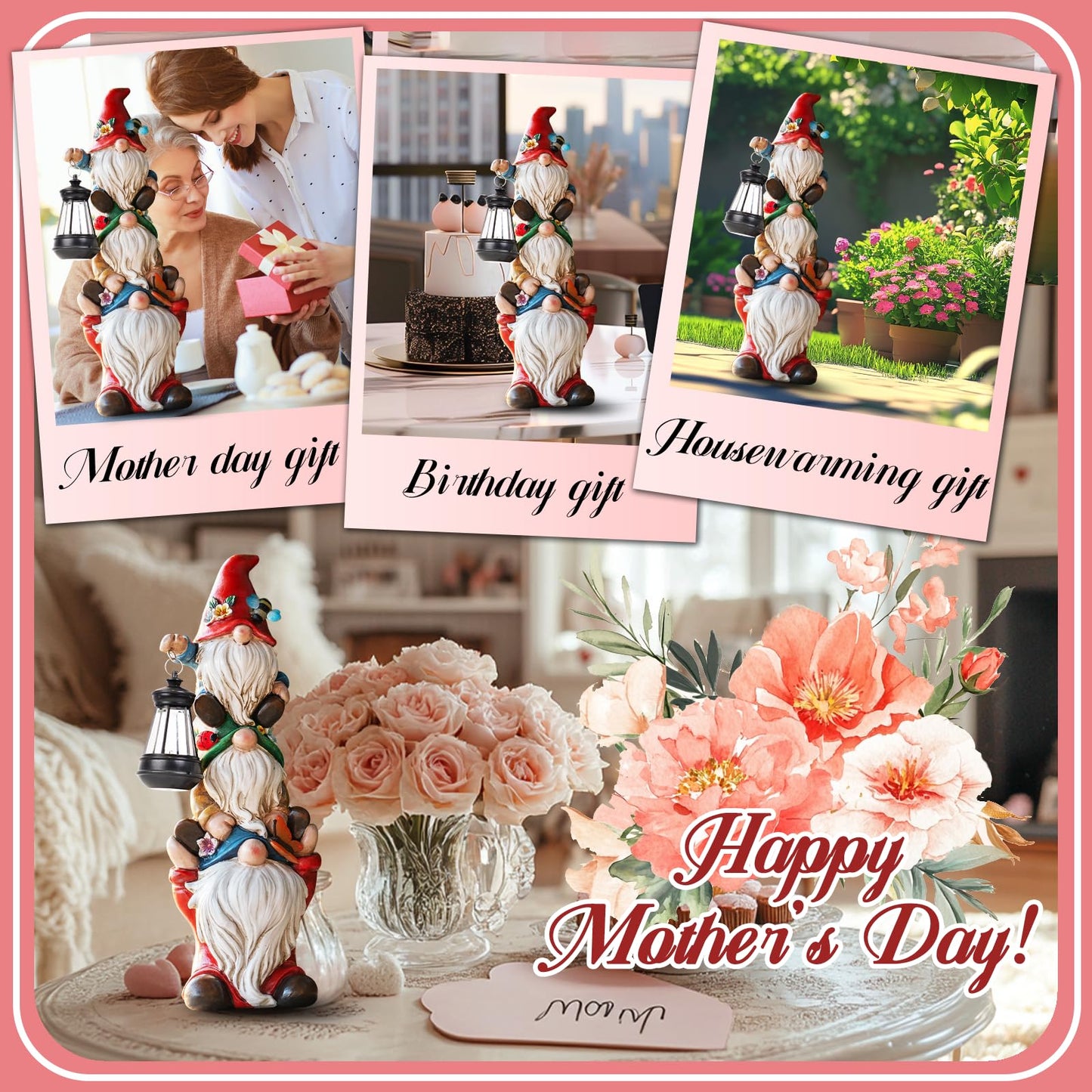 twinbling Garden Gnome Statue with Solar Lights Garden Sculptures Funny Triple Gnome Outdoor Patio Lawn Yard Balcony Home Decor Birthday Gift for Mom Woman Grandma 12 in Mothers Day Gnomes
