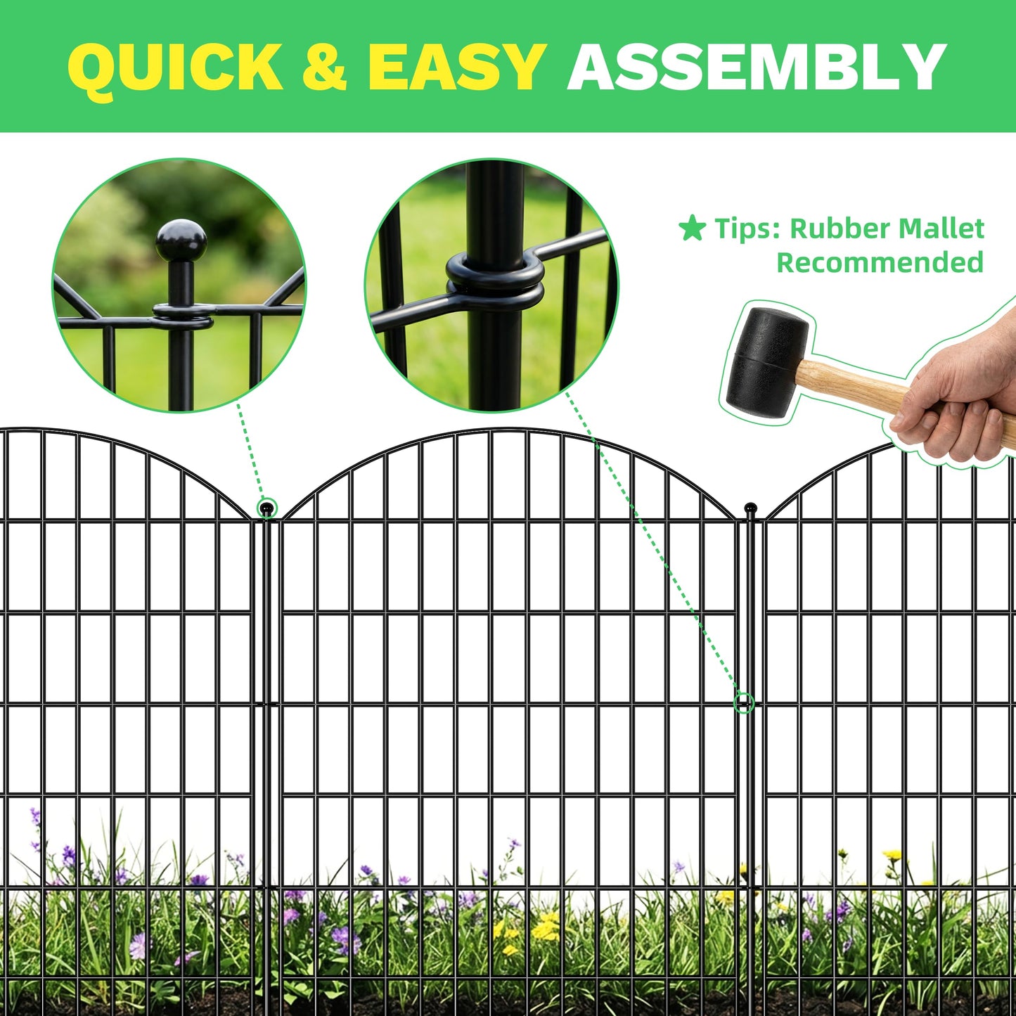 Toolterritary 10 Panels Arched No Dig Decorative Garden Fence with Gate, 40in(H) x 25.0ft(L) Dog Fence Outdoor for Yard, Rustproof Metal Garden Fence Animal Barrier for Dogs, Rabbits & Patio