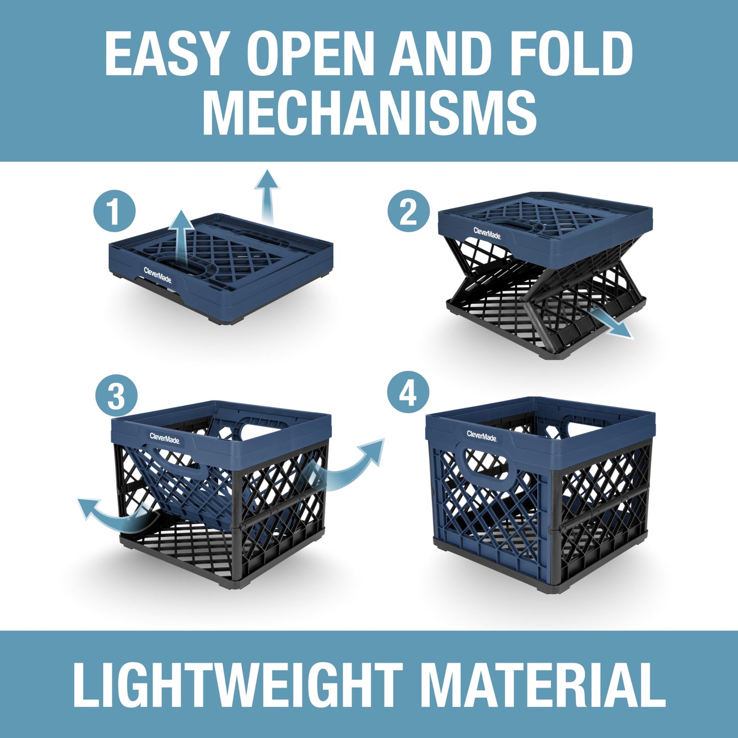 CleverMade Collapsible Milk Crate 25L (6.6 Gal) 3 Pack, 50 lb Capacity Heavy Duty Folding Crate – Stackable Storage Crates with File Rails, Plastic Collapsible Crates - Ocean