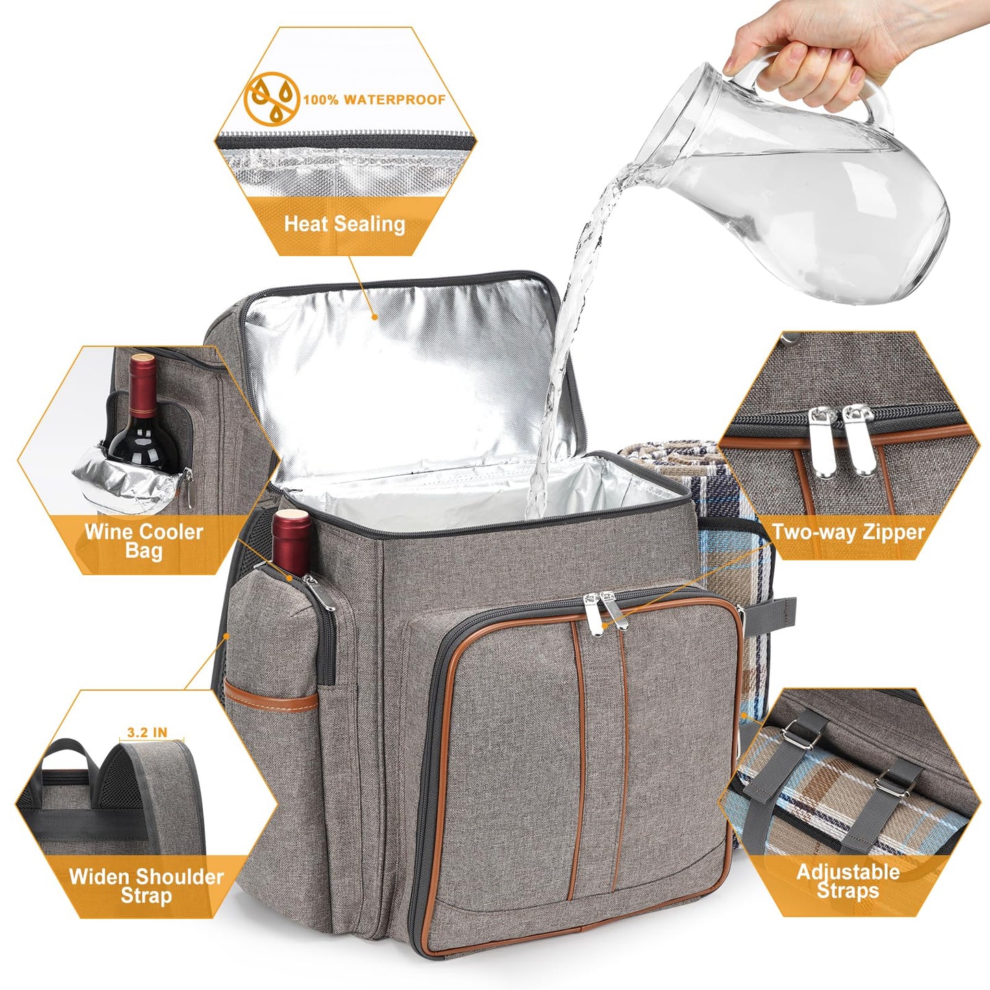 Picnic Backpack for 4, Picnic Basket Set, Leakproof Picnic Bag, Beach Cooler Backpack with Insulated Cooler Wine Pouch,Picnic Blanket, Double Deck Picnic Backpack for Beach,Camping,Park(BrushedKhaki)