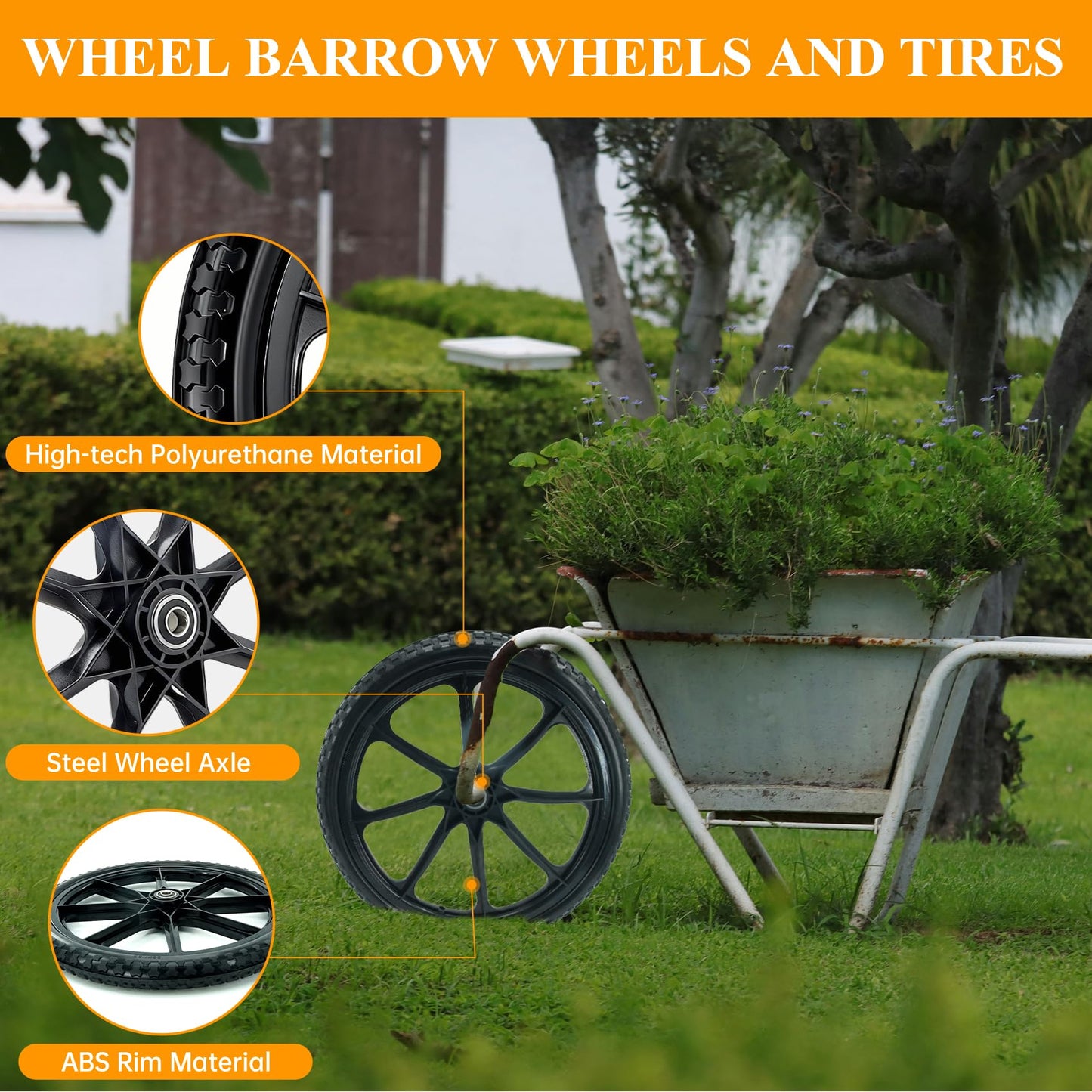 20” Flat Free Wheelbarrow Wheels and Tires, with 2.45” Centered Hub, 5/8” Extra 3/4”Bearing, Compatible with Rubbermaid Wheelbarrow wheels, Garden Carts (2 pcs) (black)