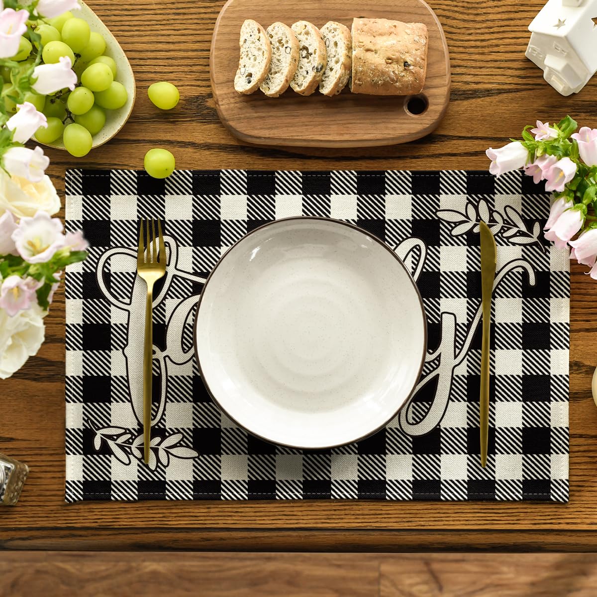 Artoid Mode Love Family Together Home Buffalo Plaid Placemats for Dining Table, 12 x 18 Inch Holiday Vintage Thanksgiving Washable Table Mat Set of 4