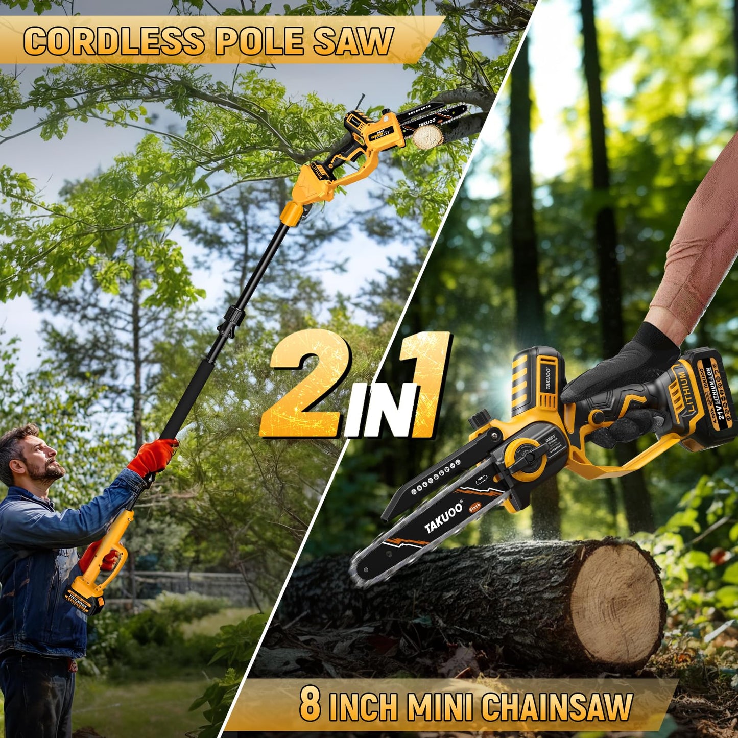 Takuoo 2-IN-1 8 Inch Electric Pole Saw, Mini Chainsaw Cordless with Extension Pole, 21V 2×4.0Ah Battery Powered Polesaw, 15FT Max Reach, Brushless Chain Saw for Limb Branch Cutter Tree Trimming