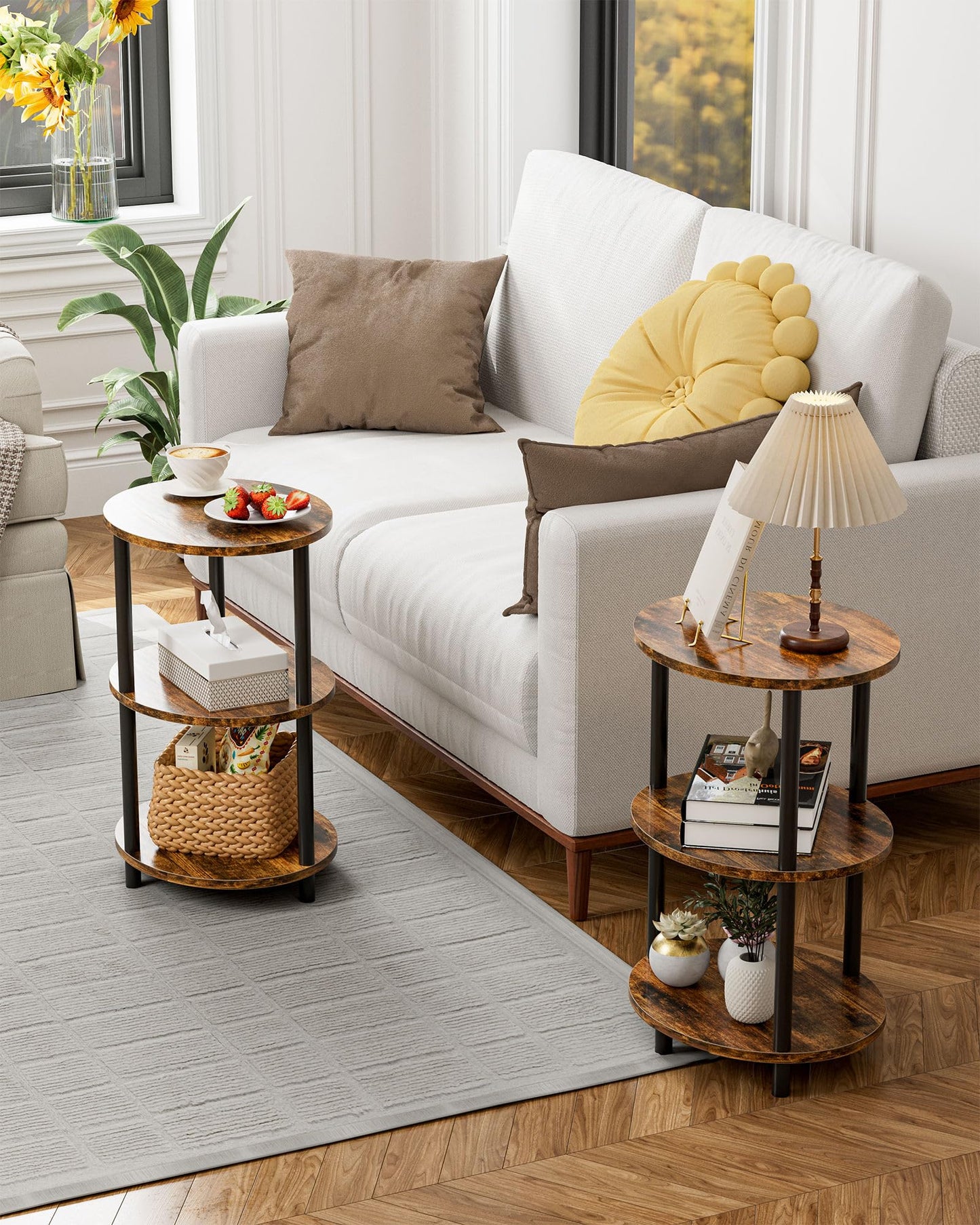 RISWER Round Pedestal End Table - 3-Tier Oval Accent Table for Small Spaces, Rustic Wood and Metal Couch Side Table, Nightstand for Bedroom or End Table Living Room, Easy to Assemble, Rustic Brown