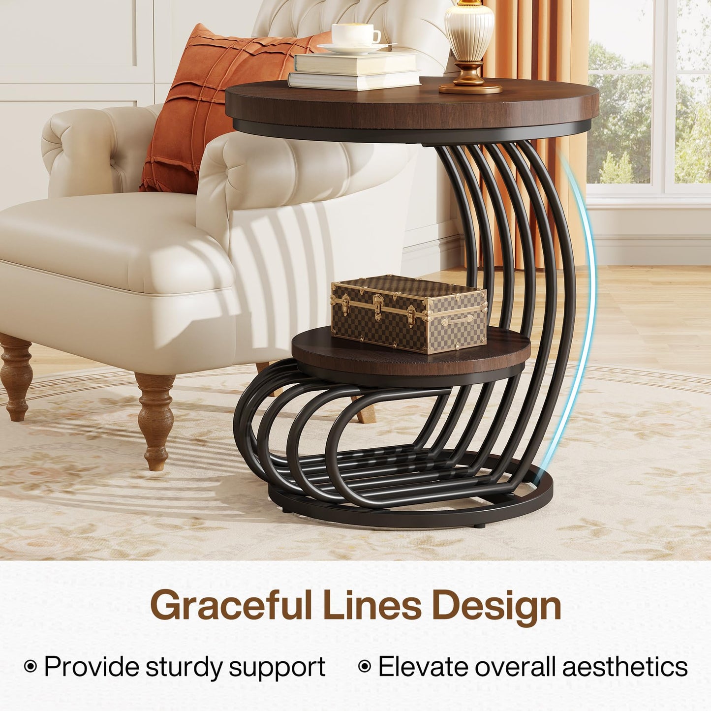 Tribesigns Round End Side Table: Side Table with 2 Tiers Storage Shelves, Vintage End Table for Living Room, Small Bedside Table Accent Table with Arc-Shaped Frame, Rustic Brown
