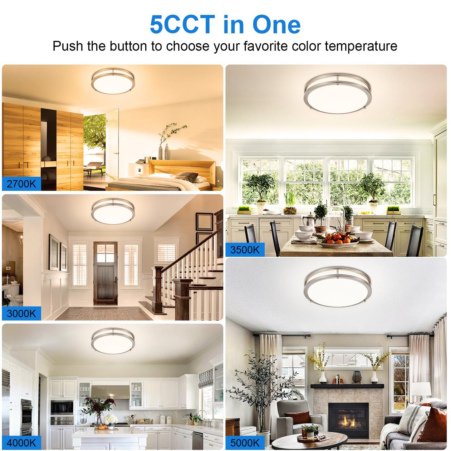 DLLT Flush Mount LED Ceiling Light: 13 Inch 5CCT (3000K-6000K) & Dimmable Ceiling Light Fixtures for Bedroom Hallway - 24W Modern Brushed Nickel Super Bright Kitchen Lighting Fixtures Ceiling