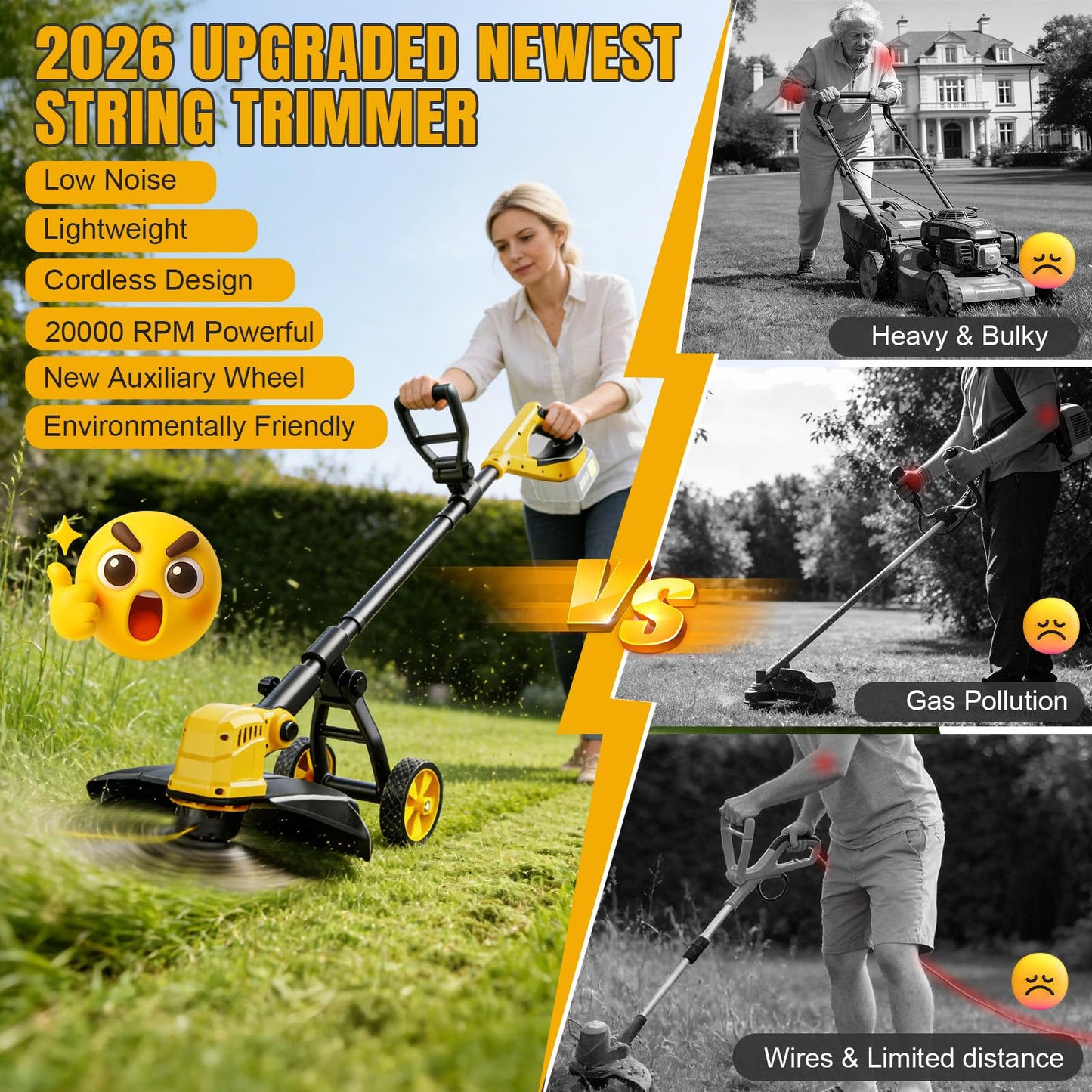 3 in 1 Cordless String Trimmer Compatible with Dewalt 20V Battery (NO Battery), 14" Electric Weed Wacker with Wheel, Lightweight Battery Powered Weed Eater/Edger Trimmer/Grass Trimmer w/8 Line Spools