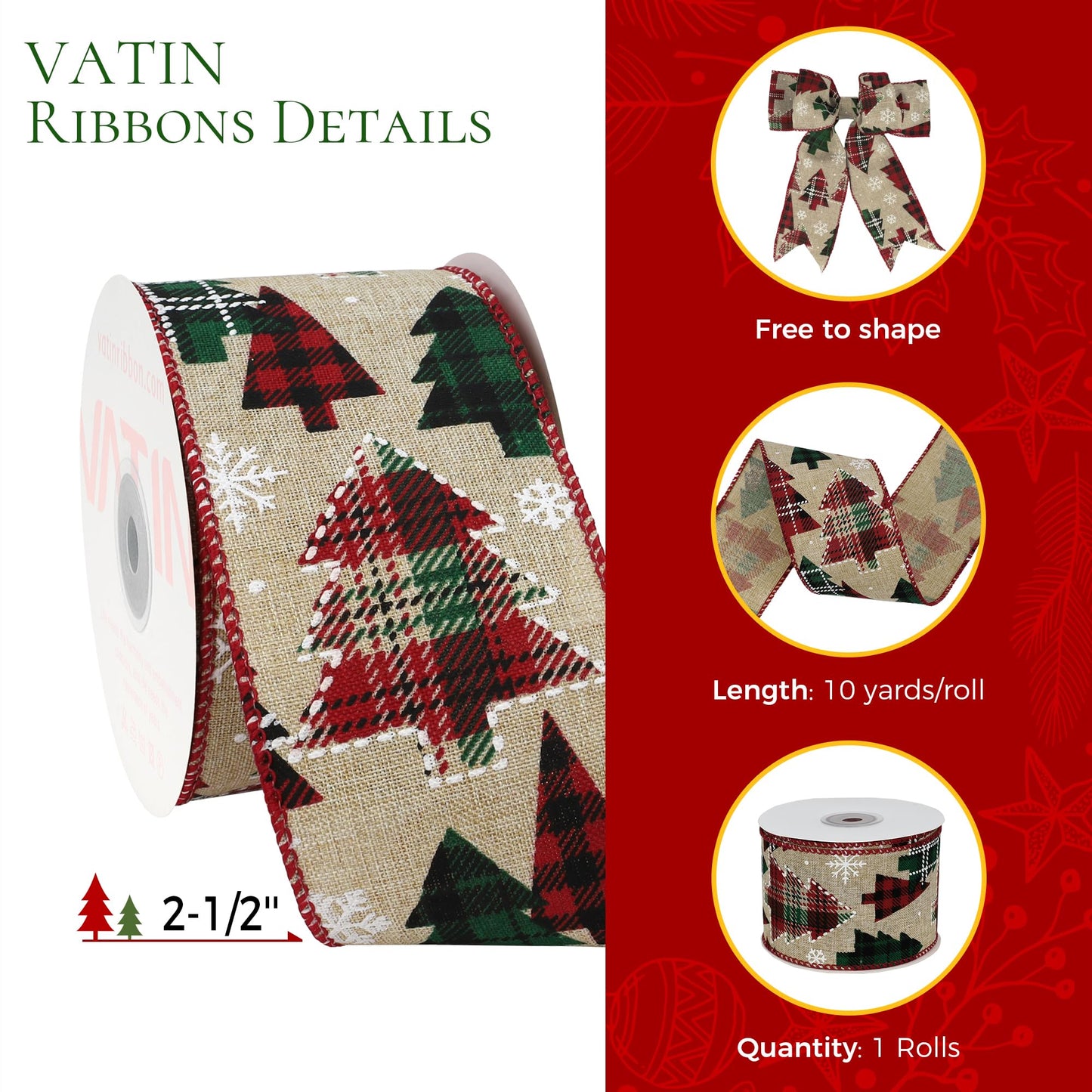 VATIN Wired Ribbon with Christmas Tree Printed, 2-1/2-Inch x 10 Yards, Ribbons for Crafts, Gift Wrapping, Hair Ribbon