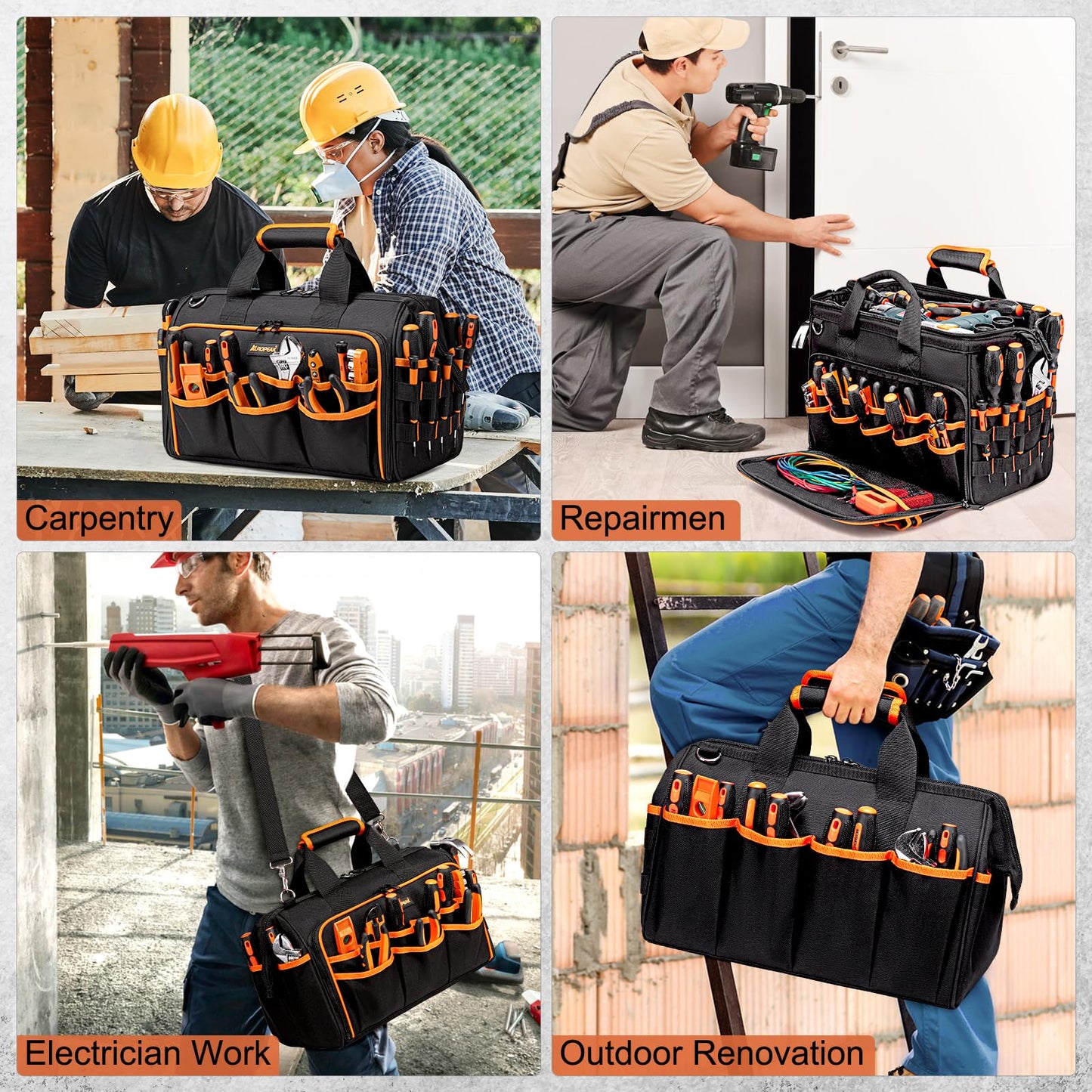 17-Inch Electrician Tool Bags for Men, 46-Pocket Heavy Duty Tool Bag, Foldable Hvac Tool Bag Organizer with Wide Mouth & Adjustable Shoulder Strap for Electricians Mechanics Craftsman Contractor