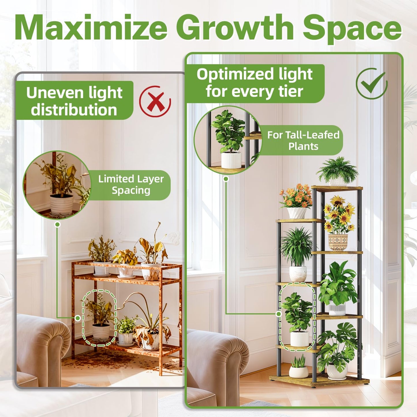 iDavosic.ly Tall Plant Stand Indoor for Large & Heavy Duty Planters, 6 Tier Corner Flower Shelf with Wooden Trays & Metal Frame, 49 Inch Orchid Rack for Living Room Balcony Porch, Black & Brown