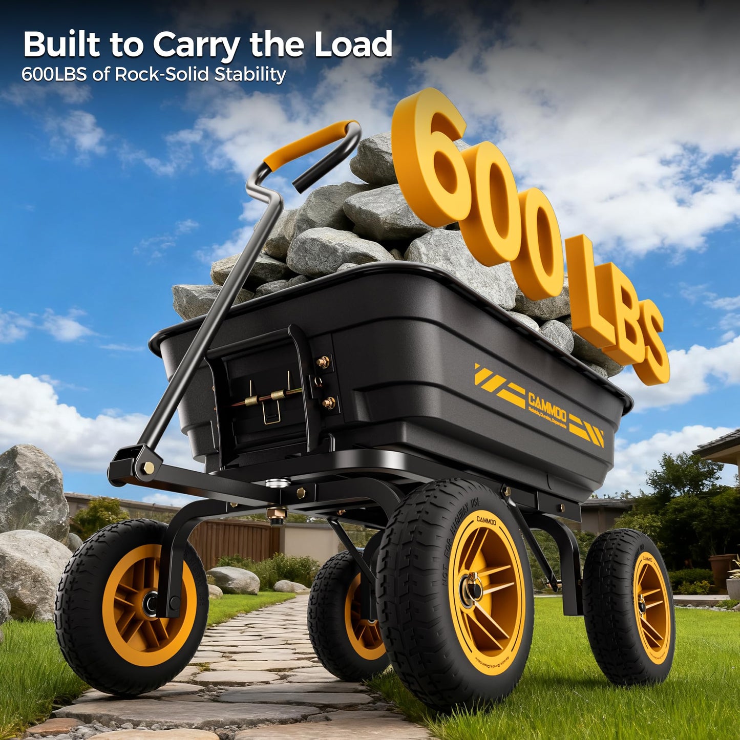 CAMMOO 10-in NO-FLAT TIRES 600lb Heavy-Duty Garden Dump Cart 4 Cu.Ft. Utility Wagon with Quick-Release Dumping & Prime Grade 100% Virgin Polypropylene - Not Recycled Material for Landscaping Gardening