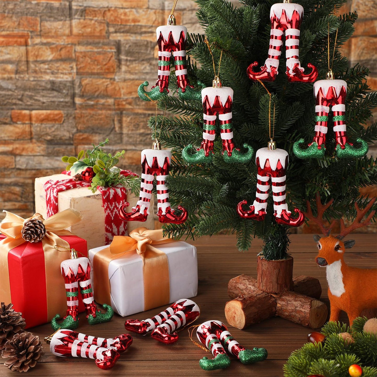 Soulchen 10 Pcs Christmas Elf Legs Ornaments Xmas Red Green White Feet Tree Topper Plastic Elf Feet Hanging Decorations with Gold Rope for Holiday Party Crafts Home Decor