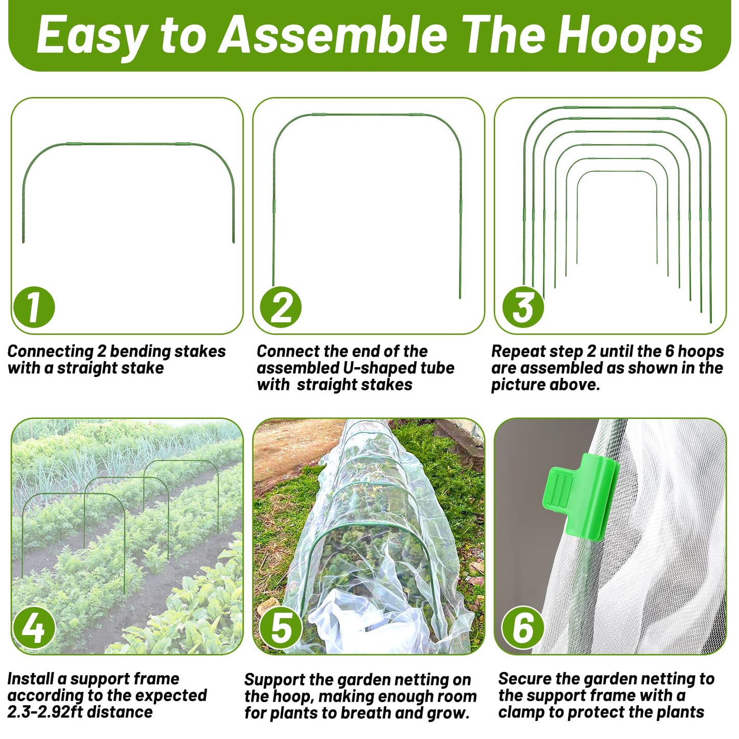 Cludoo 67pcs Garden Mesh Netting Kit,6 Sets Wide Garden Hoops with 10x20 ft Garden Covers Bird Netting& 12 Clips, Garden Protection for Raised Beds Greenhouse Vegetable Plants Flowers Animals