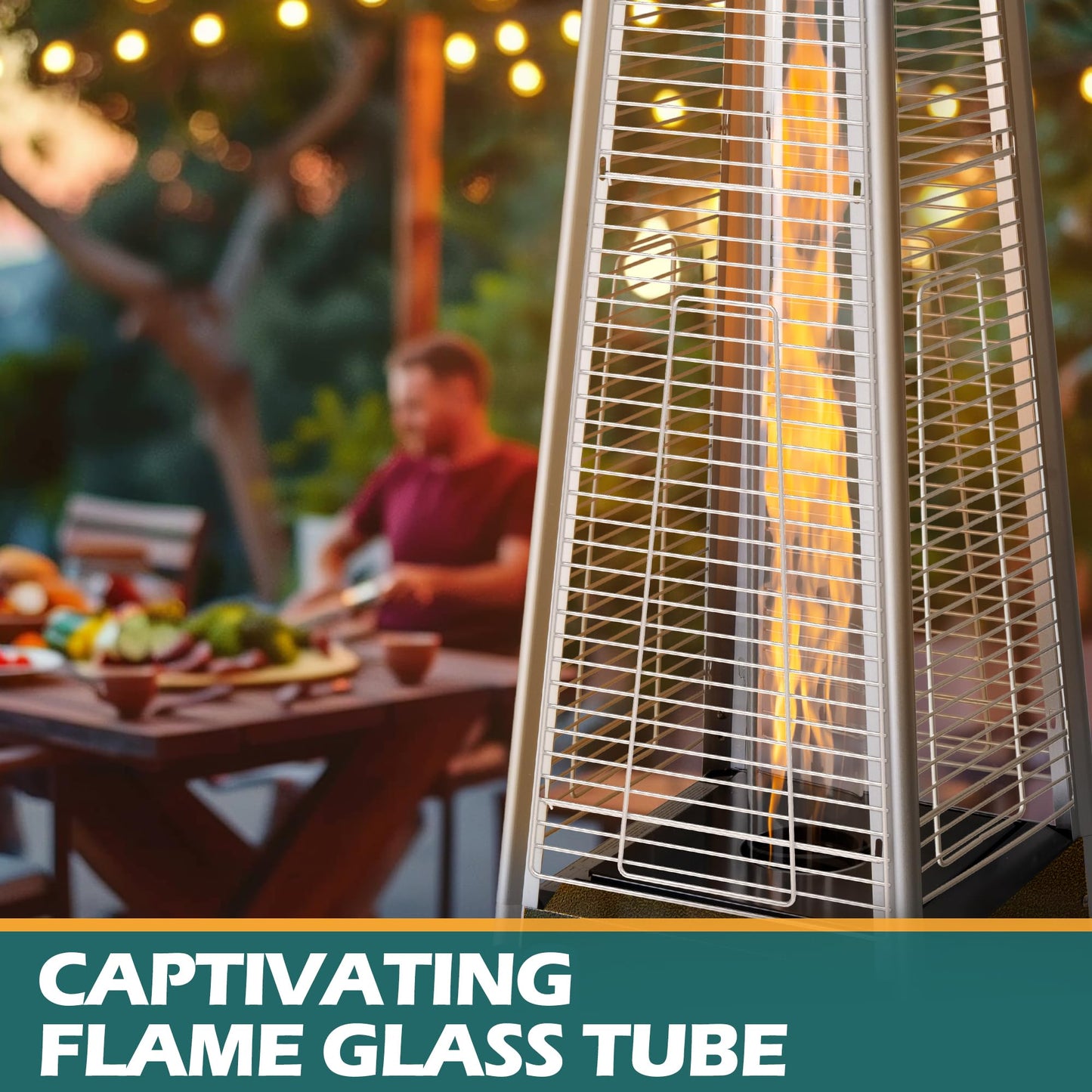 PATIOPIA 48,000 BTU Flame Pyramid Pool Heater With Cover, Triple Safety Protection Portable Patio Heater with Patio Cover, Warm Glass Tube with Durable Wheels-Brown