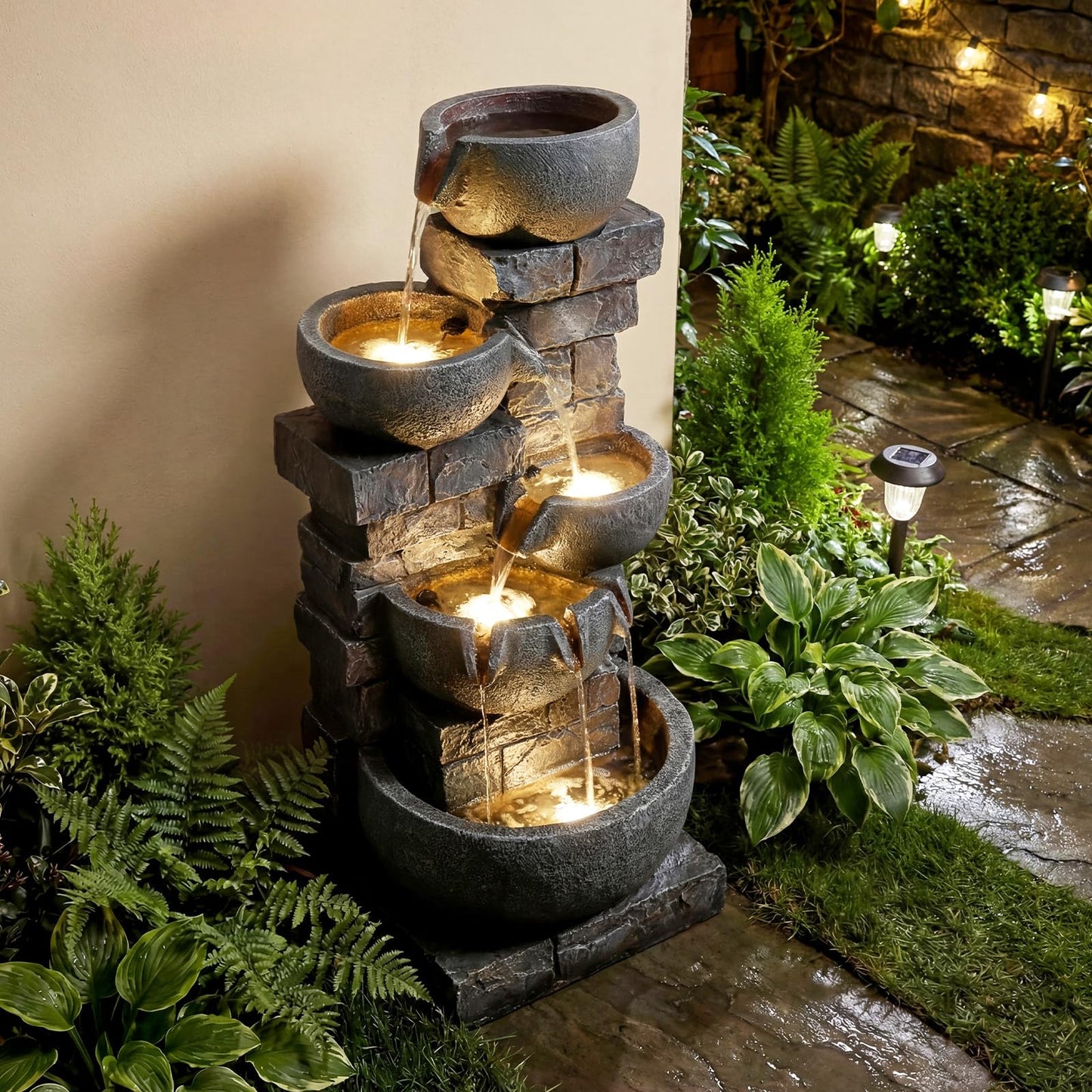 Giantex 33'' Water Fountain Outdoor, 5-Tier Cascading Stacked Stone Bowl Waterfall Fountain with LED Lights & Pump, Outside Water Feature for Patio, Balcony, Deck, Garden, Yard Decor