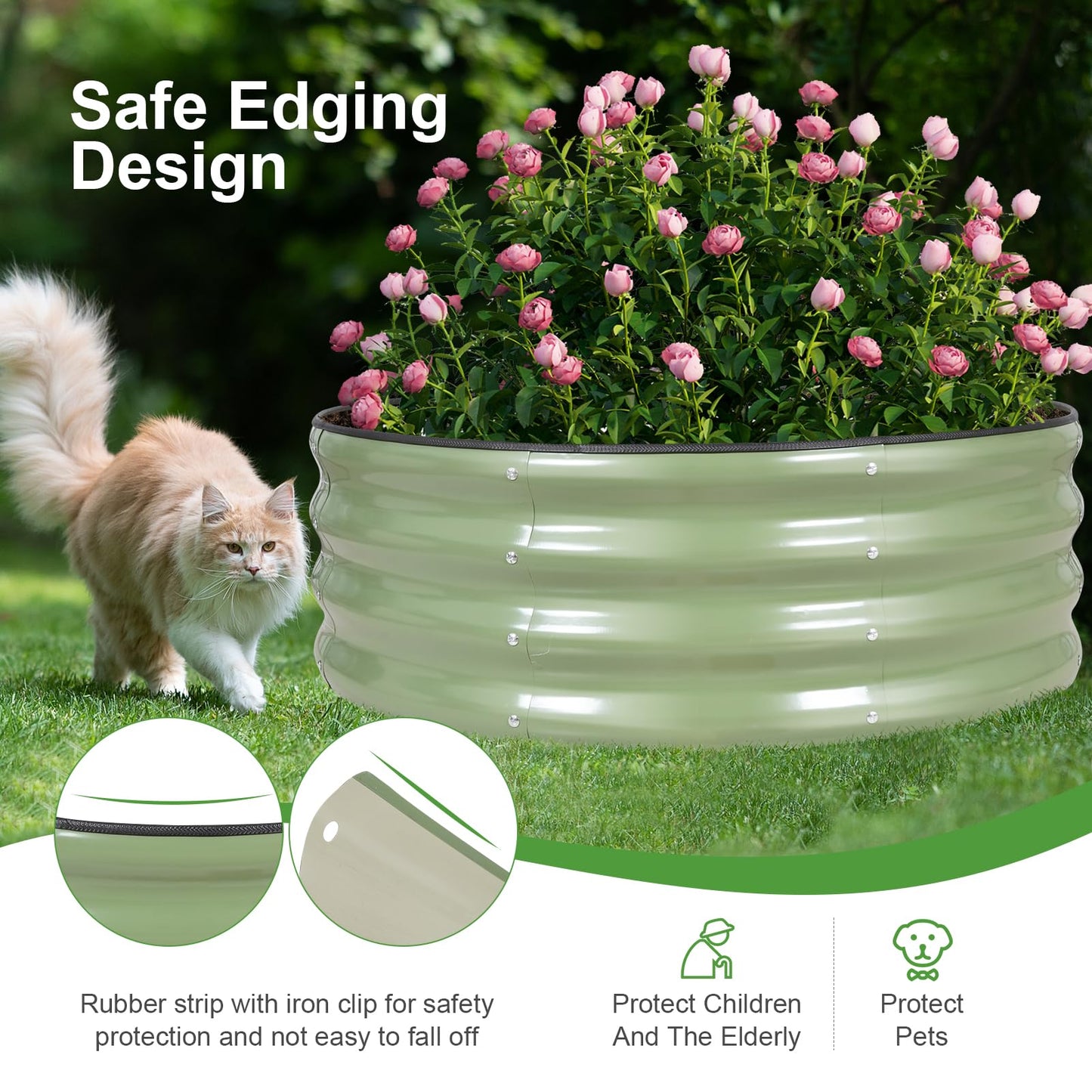 Permade Galvanized Raised Garden Bed- 2Pcs 3x3x1FT Metal Planter Boxes Outdoor | Round Steel Raised Bed Kit & Fire Pit Ring for Gardening with Protective Tape, Gloves for Vegetables, Flower (Green)