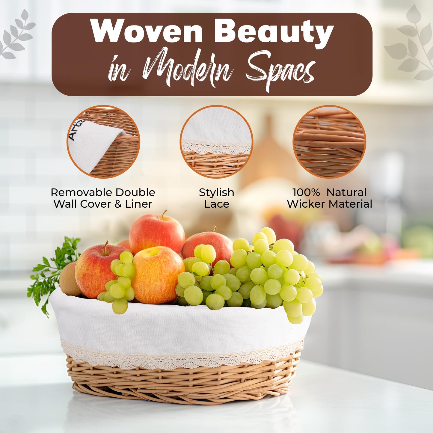 Large Wicker Bread Basket with Removable Linen Liner and Cover - Handmade Rattan Bread Serving & Storage Basket 12"x9" Keeps Bread Warm & Fresh - Perfect Housewarming Gift