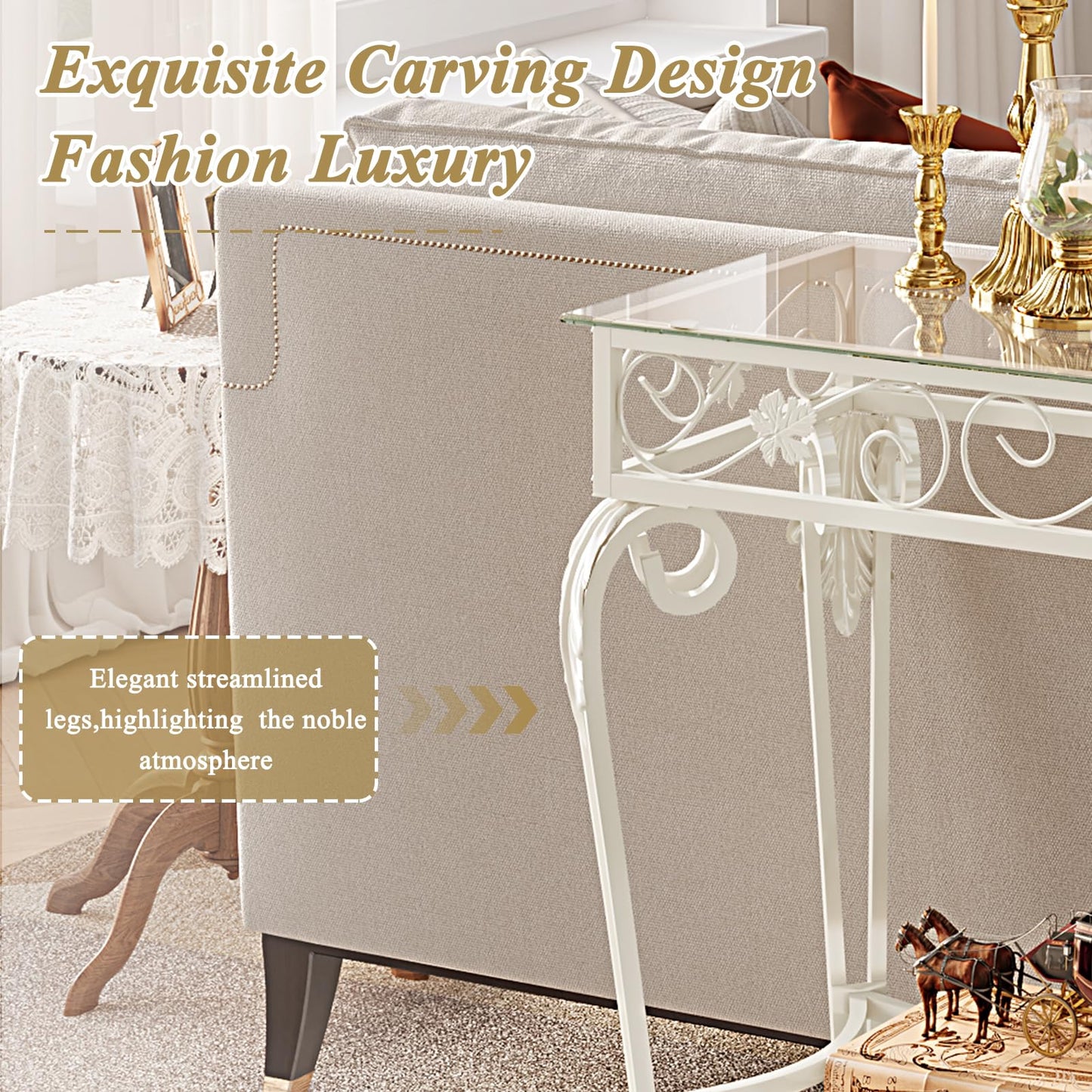 HavenlyYouth Console Table 47.2", Tempered Glass Sofa Table with Metal Frame, Console Tables for Living Room, Entryway, Hallway, Foyer, Adjustable Feet (White)