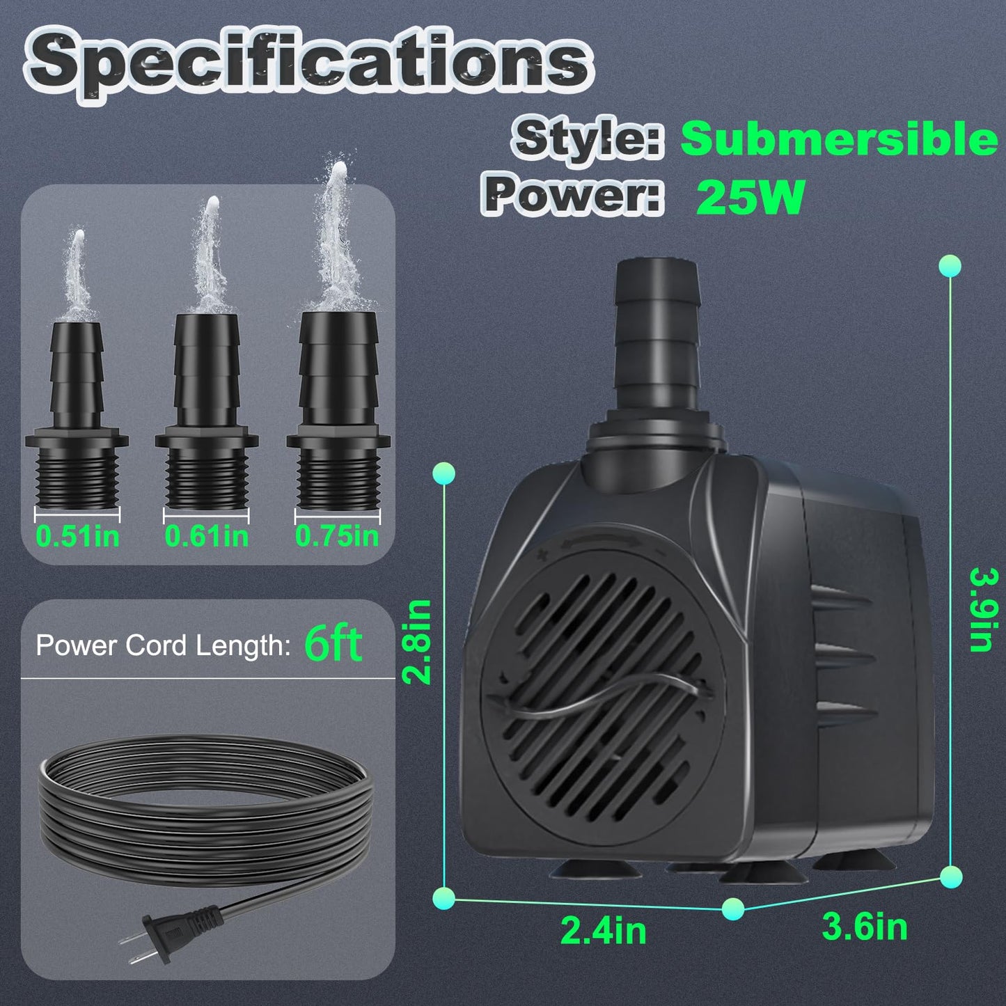 SongLong Submersible Pump 400GPH (1500L 25W) Ultra Quiet with Over Heating Protection 6.5ft High Lift for Fountains, Hydroponics, Ponds, Aquariums & More…