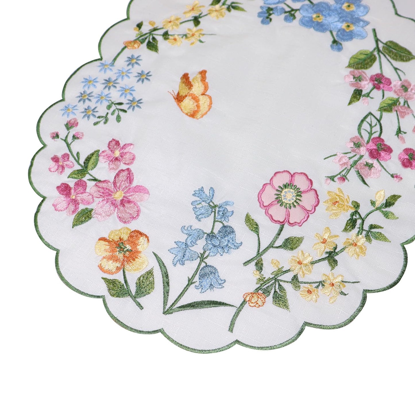 Spring Table Runner Embroidered Floral Scalloped 36 Inches Long Pink Flowers Easter Seasonal Cutout Summer Flowers Coffee Dinning Table Centerpieces