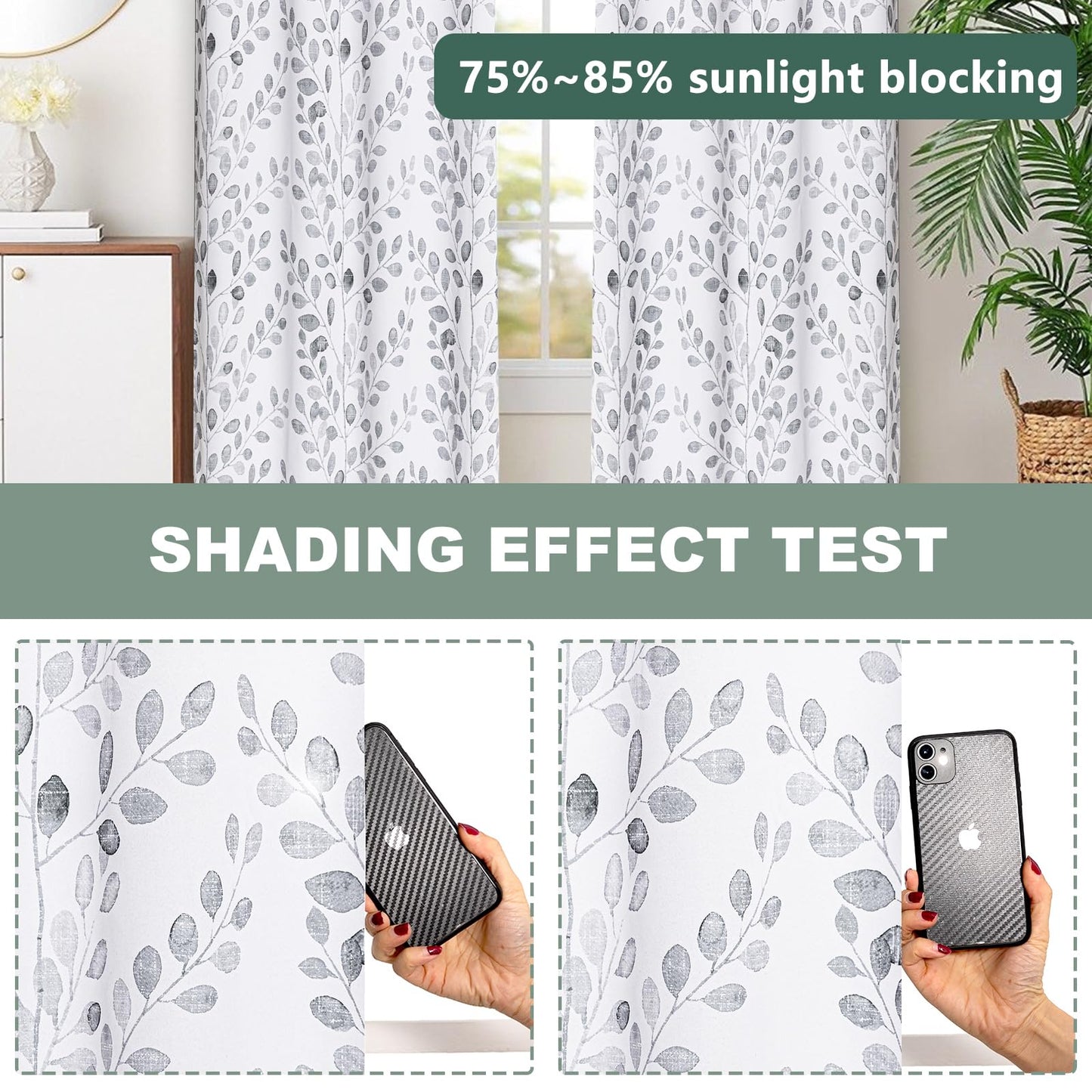 MYSKY HOME Bedroom Curtains 2 Panel Sets Thermal Insulated Curtains for Small Window Leaf Print Classical Room Darkening Drapes for Living Room, 52W x 63L Inch, Grey