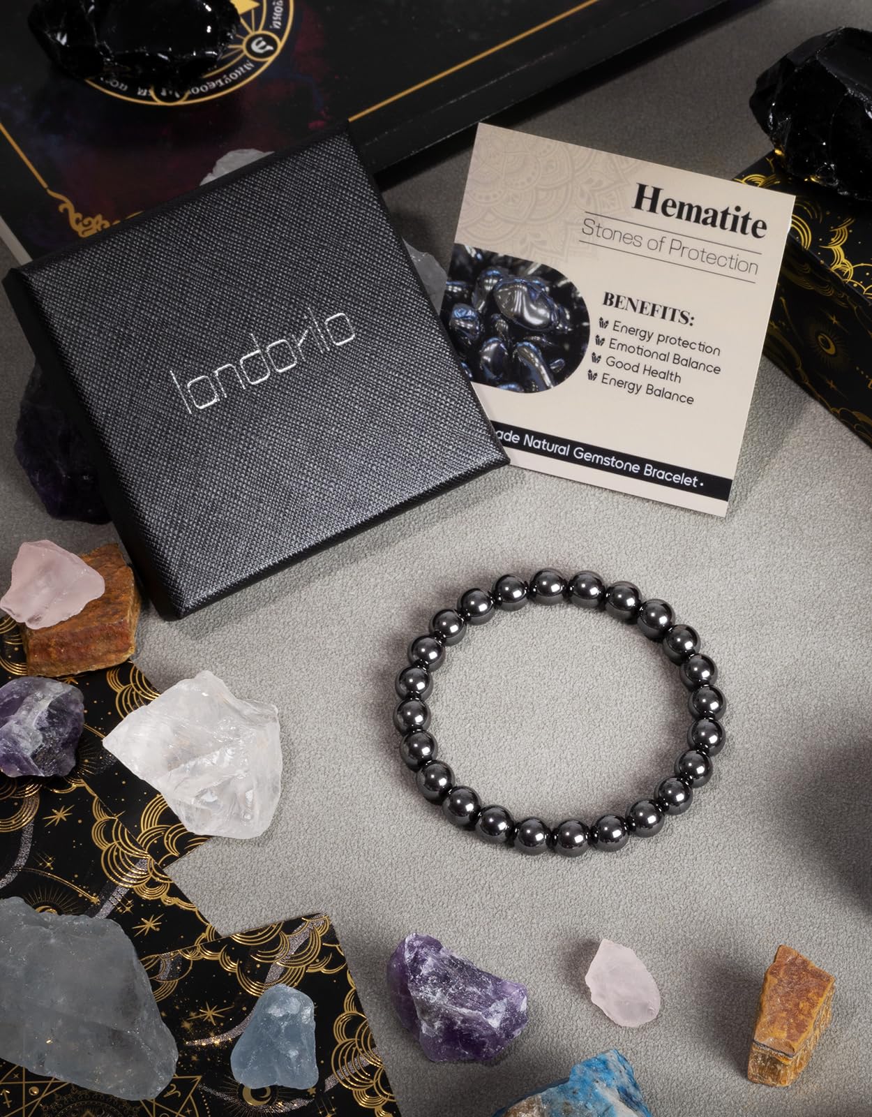 Landorilo Beaded Bracelet for Men Women, 8mm Natural Stone Hematite Healing Crystal Stretch Bracelets, Ideal Christmas Birthday Jewelry Gifts with Energy Card，Replacement Beads Included