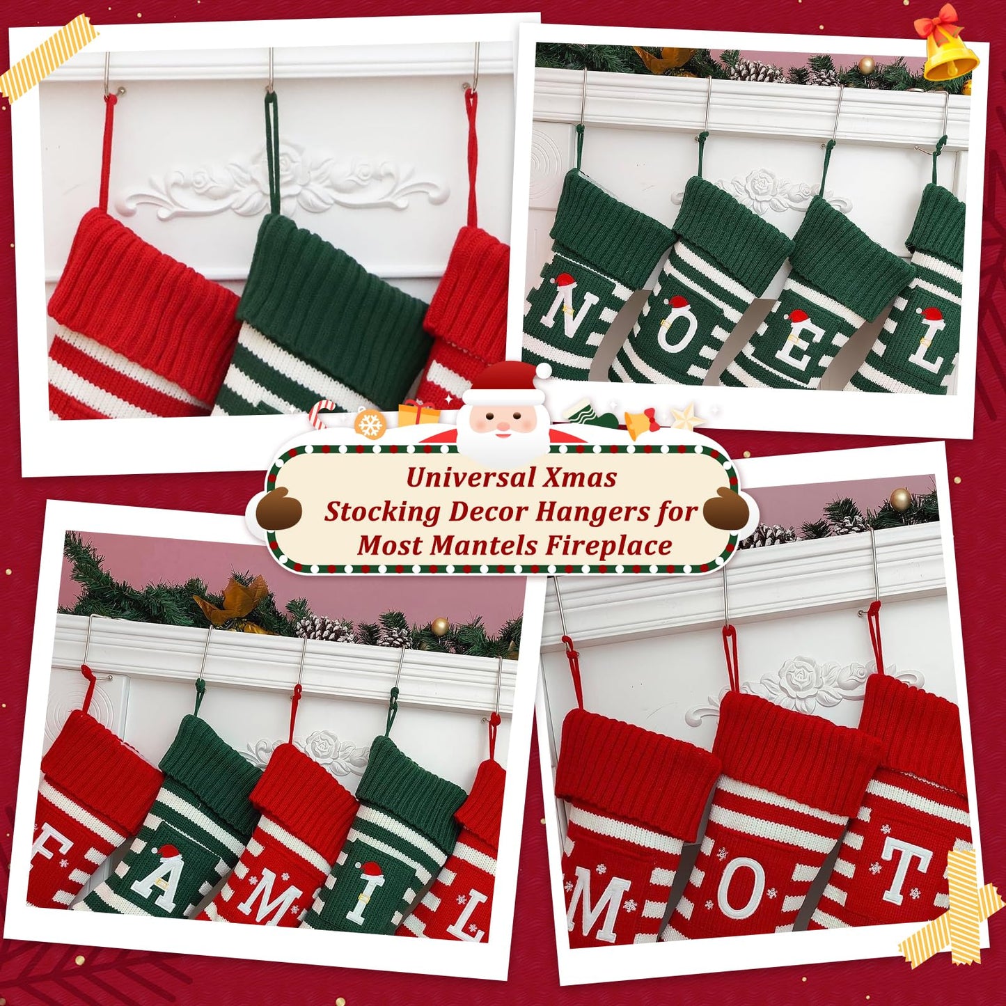 Christmas Stocking Holders for Mantle, Non-Slip Safety Fireplace Mantel Stocking Hooks with Separate Adhesive Strips, Silicone Pad Grip Hanger for Xmas Party Decoration (Silver,6)