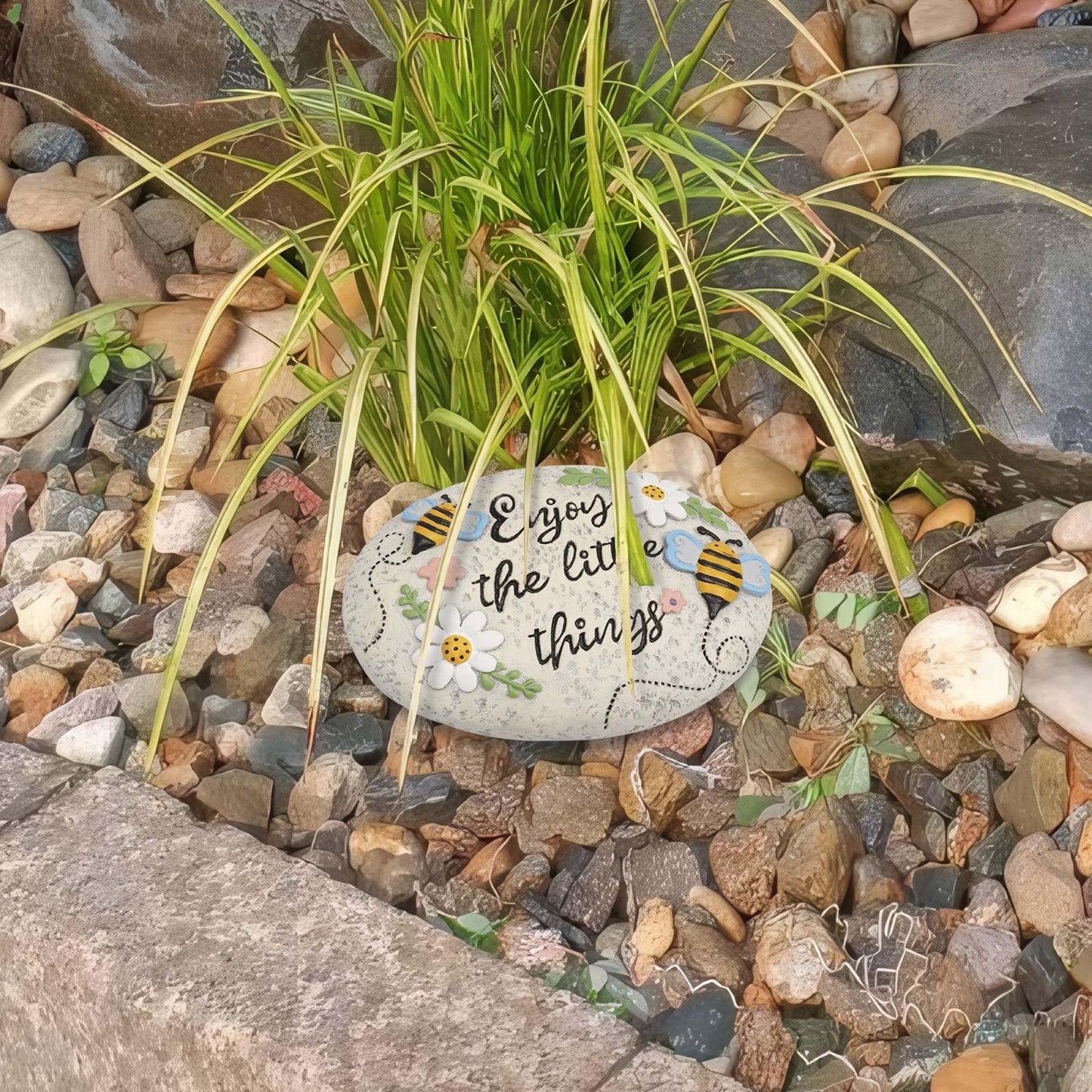 Bechivie Spring Decorative Garden Stones Outdoor, 6x4.1In Enjoy The Little Things Bee Stone with White Flower, Concrete Stepping Stones for Walkway Pathway Yard Outside