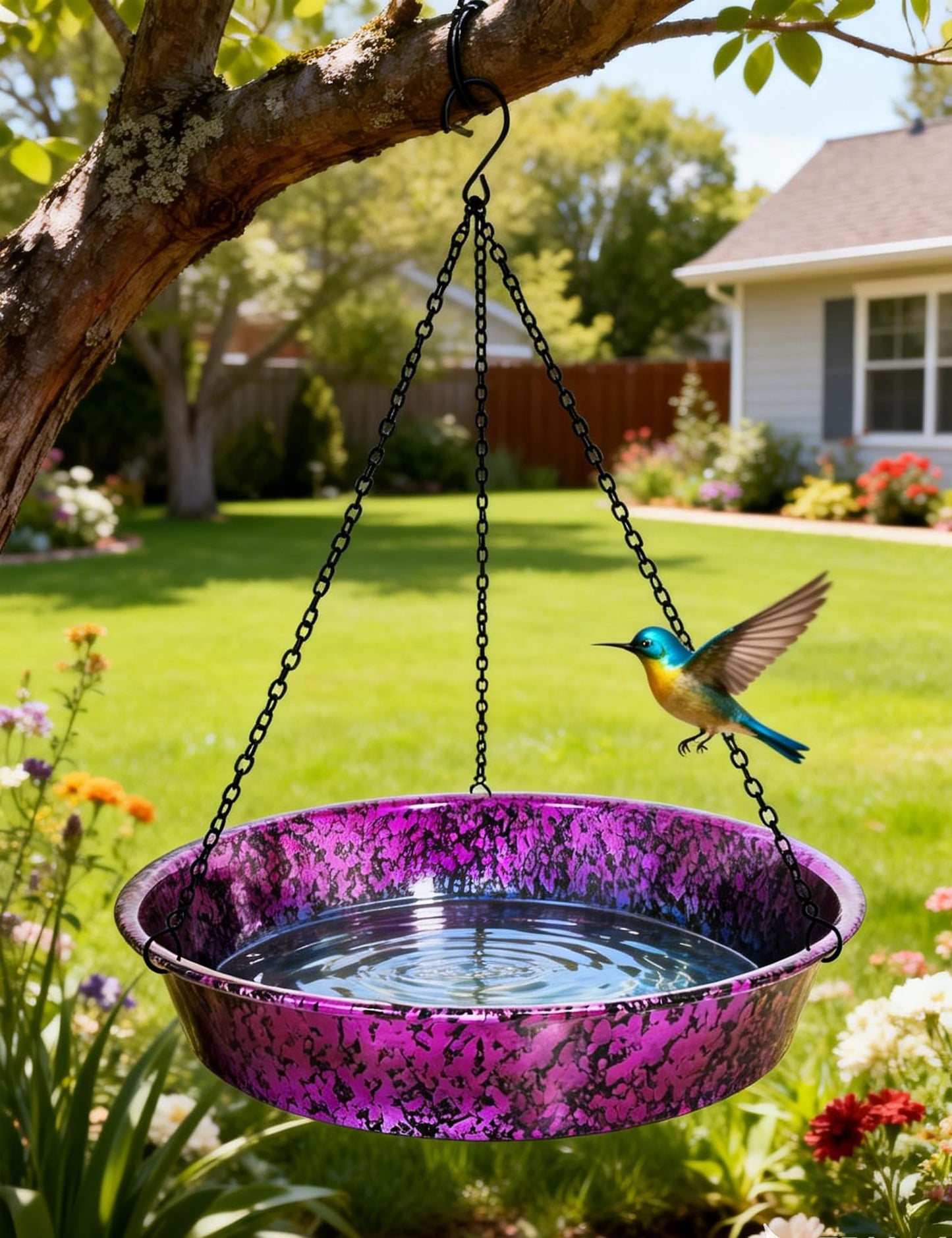 Hanging Bird Bath for Outside, 11.5” Metallic Purple & Blue Metal Birdbath Bowl & Feeder with Black Chain Outdoor Garden Yard Decor