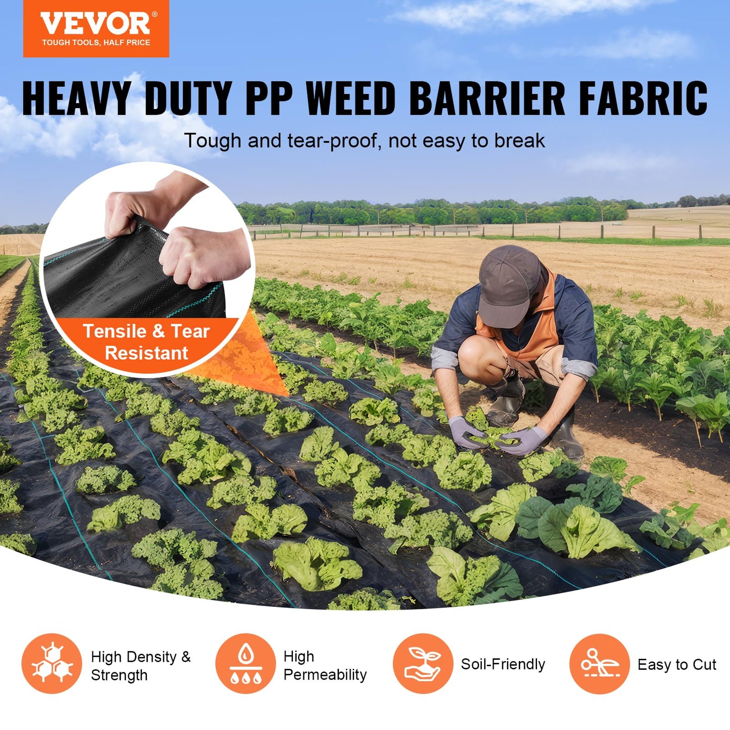 VEVOR Weed Barrier Landscape Fabric, 3x300 FT Heavy Duty Garden Weed Fabric, 3.2Oz Woven Weed Control Fabric, Weed Blocker Mat, Easy Setup, Durable PP Gardening Fabric for Driveway Ground Cover, Black