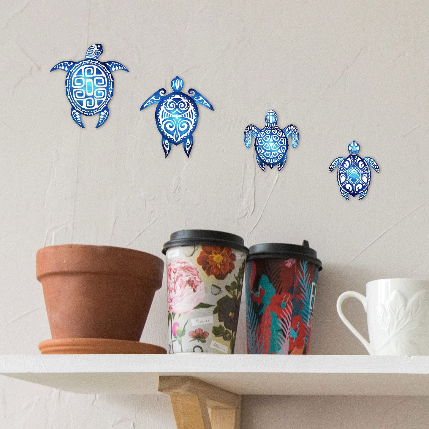 Yalikop 4 Pieces Sea Turtle Bathroom Wall Decorations Sea Turtle Ocean Voyage Sign Beach Theme Wooden Plaque Farmhouse Rustic Decorations for Home Wall Bathroom Decor Blue