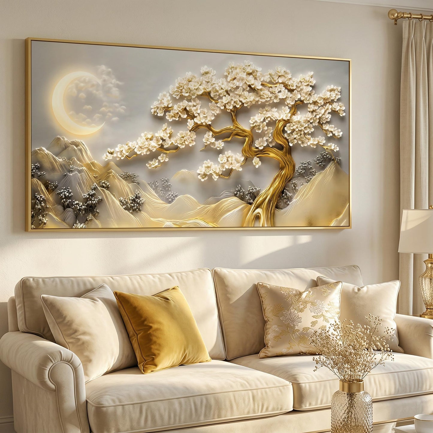 BirdSuite Gold Framed Lucky Tree Wall Art, Framed Canvas Print with Golden Tree & Moon Landscape, Ready to Hang Wall Decor for Living Room Bedroom Office Dining Room Entryway 48x24 inchs